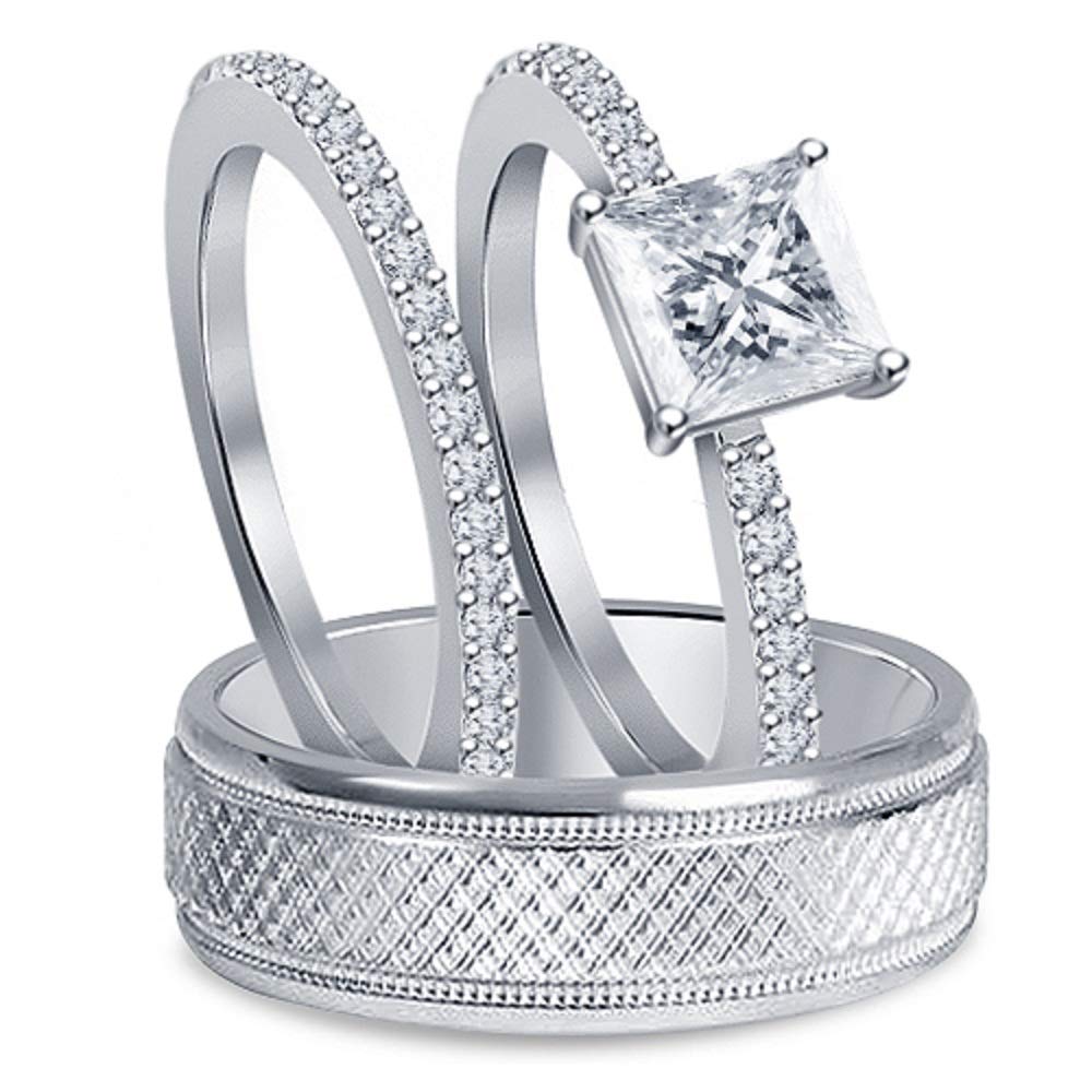 925 Sterling Silver Trio Ring Set - 3 Piece Wedding & Engagement Band Rings for Couples - Round Cubic Zirconia CZ Rings for Men & Women - Perfect for Anniversaries, Proposals, and Romantic Gifts