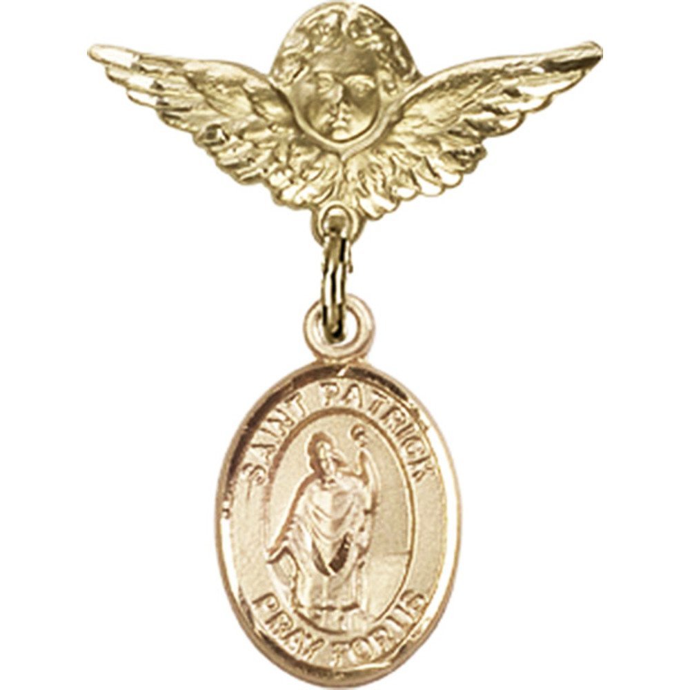 Gold Filled Baby Badge Pin with St. Patrick Charm & Angel Wings - 1 X 3/4 Inch - Perfect for Christening, Baptism & First Birthday Gifts