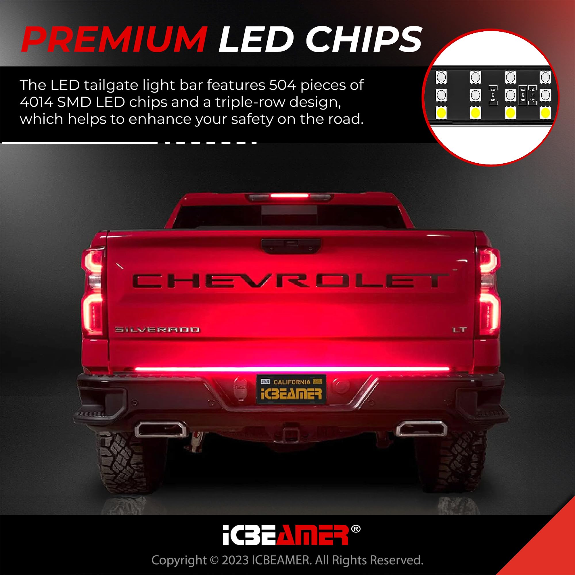 ICBEAMER 60-Inch Triple Row 504 LED Light Bar for Pickup Trucks - Waterproof IP67 Tailgate & Bed Lighting with 6 Functions (Brake/Turn Signal/Sequential/Reverse/Flashing) - Perfect for Off-Roading, Camping & Nighttime Safety