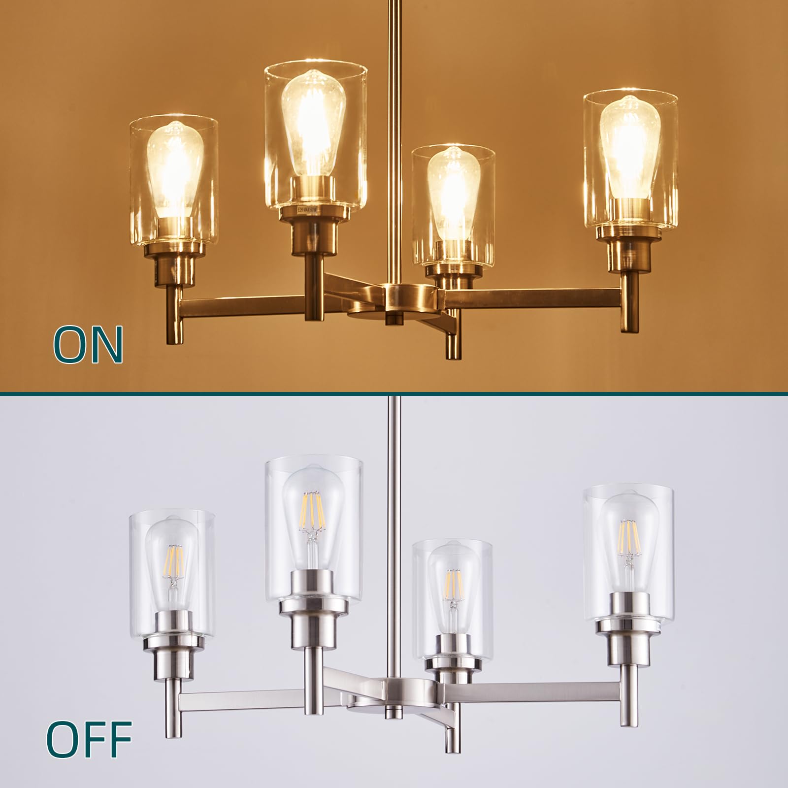 4-Light Brushed Nickel Chandelier - Modern Farmhouse Pendant Ceiling Light with Glass Shade for Dining Room, Kitchen Island, Foyer & Hallway | Elegant Lighting Fixture for Home Decor & Interior Design