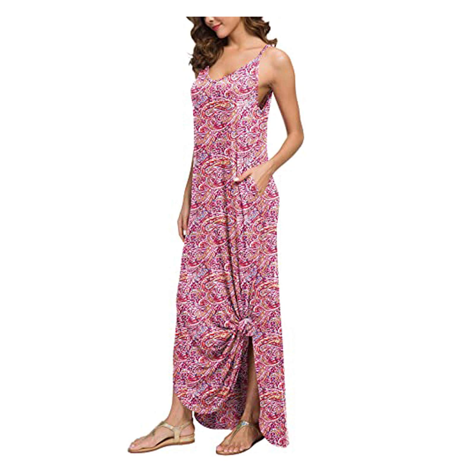Elegant Plus Size Long Printed Casual Dress with Side Slit & Pockets - Women's Sling Soprano Dress for Party, Office & Everyday Wear