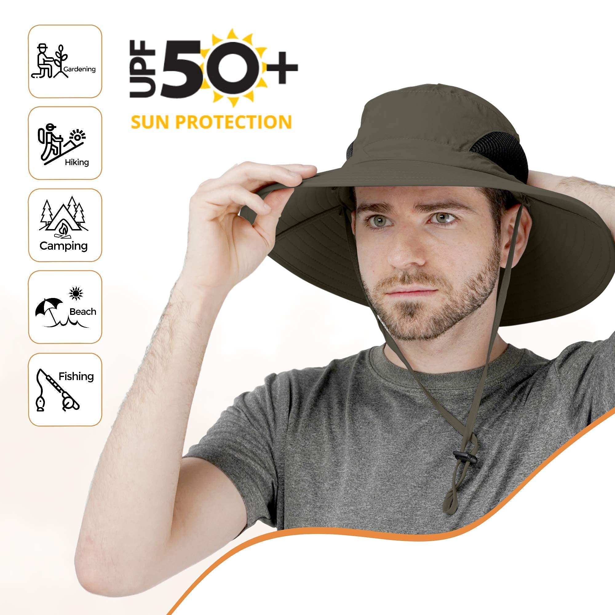 GearTOP UPF 50+ Sun Hat for Men - Wide Brim Explorer Hat with Neck Flap & Adjustable Chin Strap - Outdoor Hiking, Fishing, Beach, Gardening Sun Protection Hat