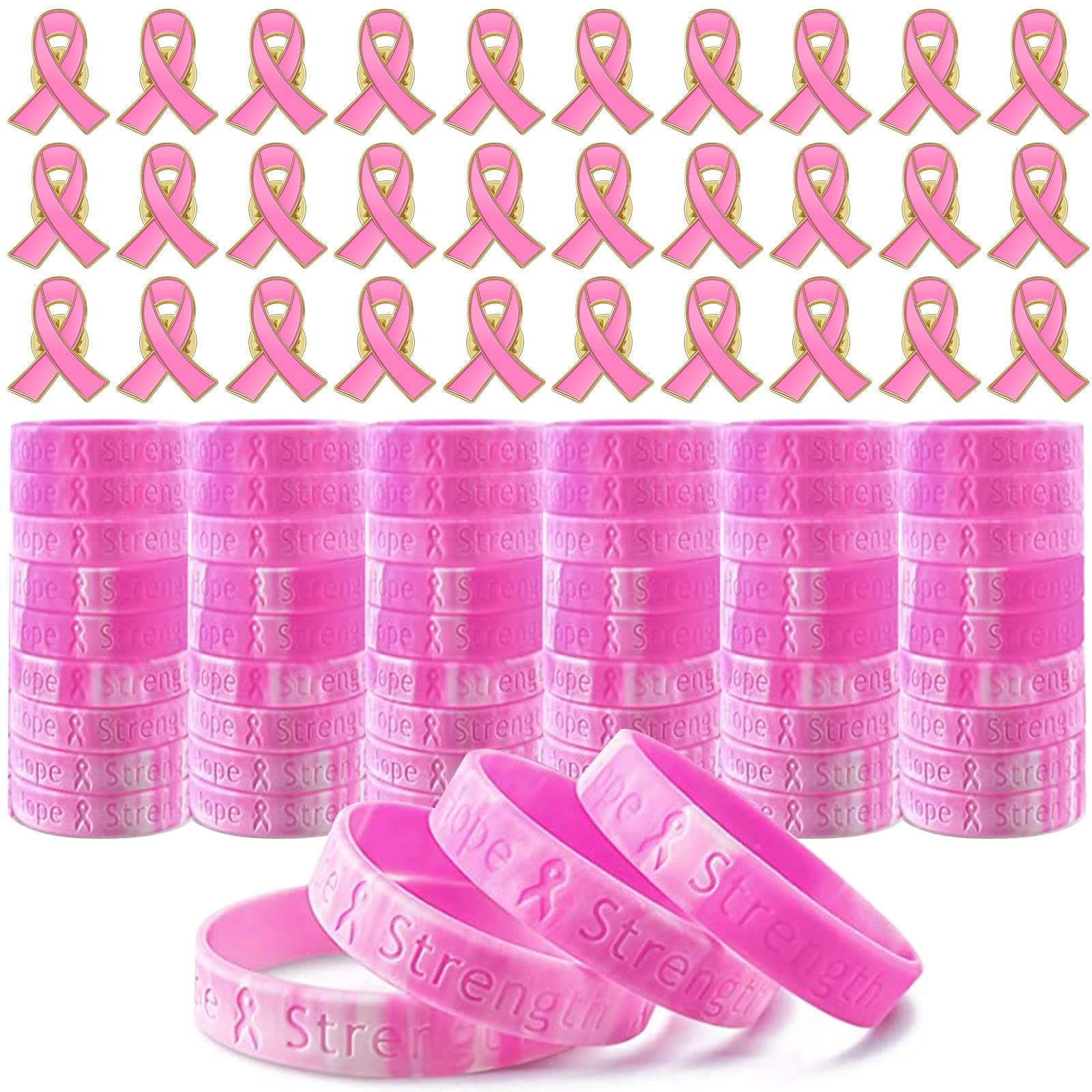 Yaomiao Breast Cancer Awareness Pink Ribbon Bracelets - Faith Strength Courage Charity Gifts (15 Pack) for Women, Survivors, Fundraisers & Social Events