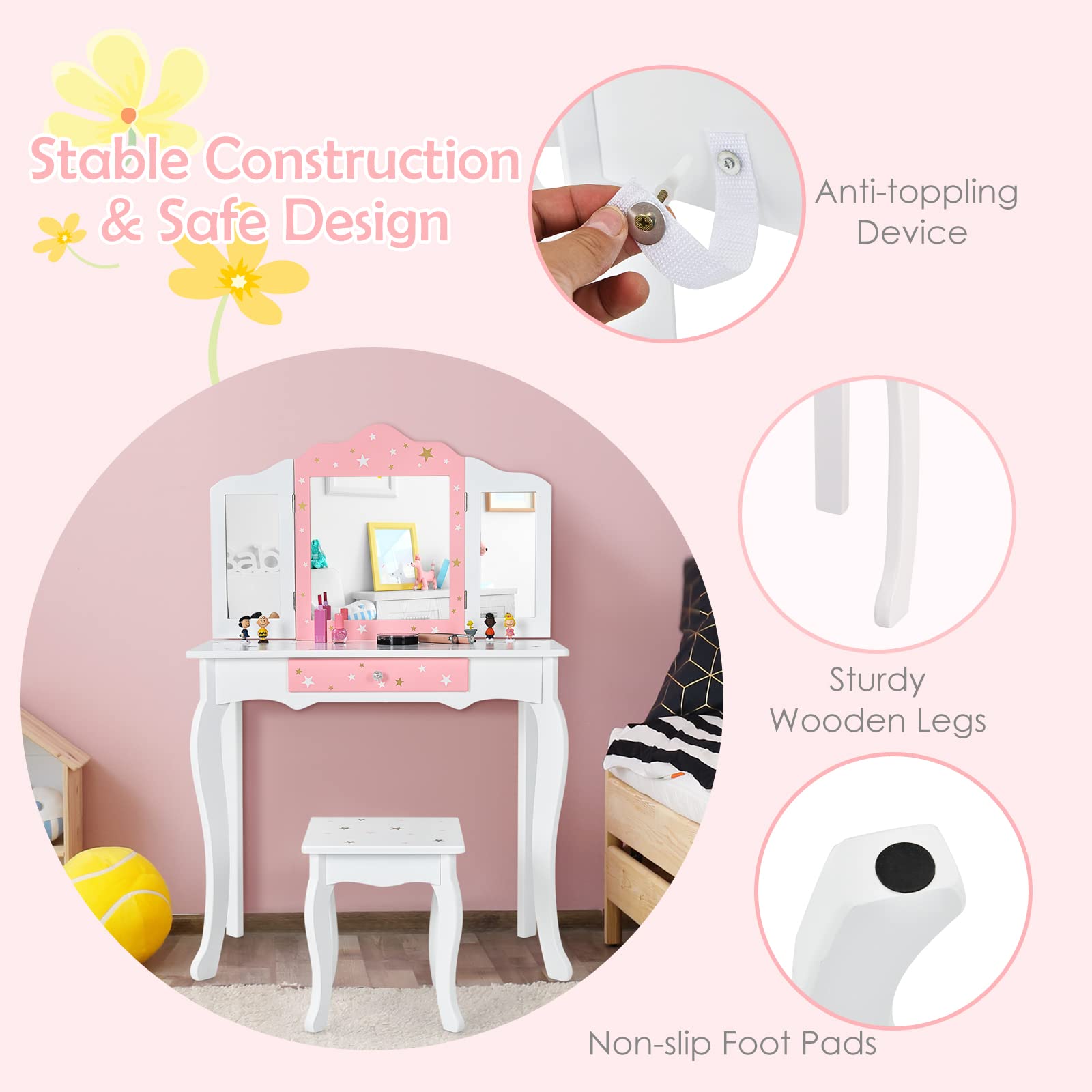 HONEY JOY Kids Vanity Set - Wooden Princess Makeup Dressing Table with Stool, Drawer & Tri-Folding Mirror | Detachable Top for Easy Storage | Pretend Play Toy for Little Girls (White) | Perfect for Bedroom, Playroom & Birthday Gifts