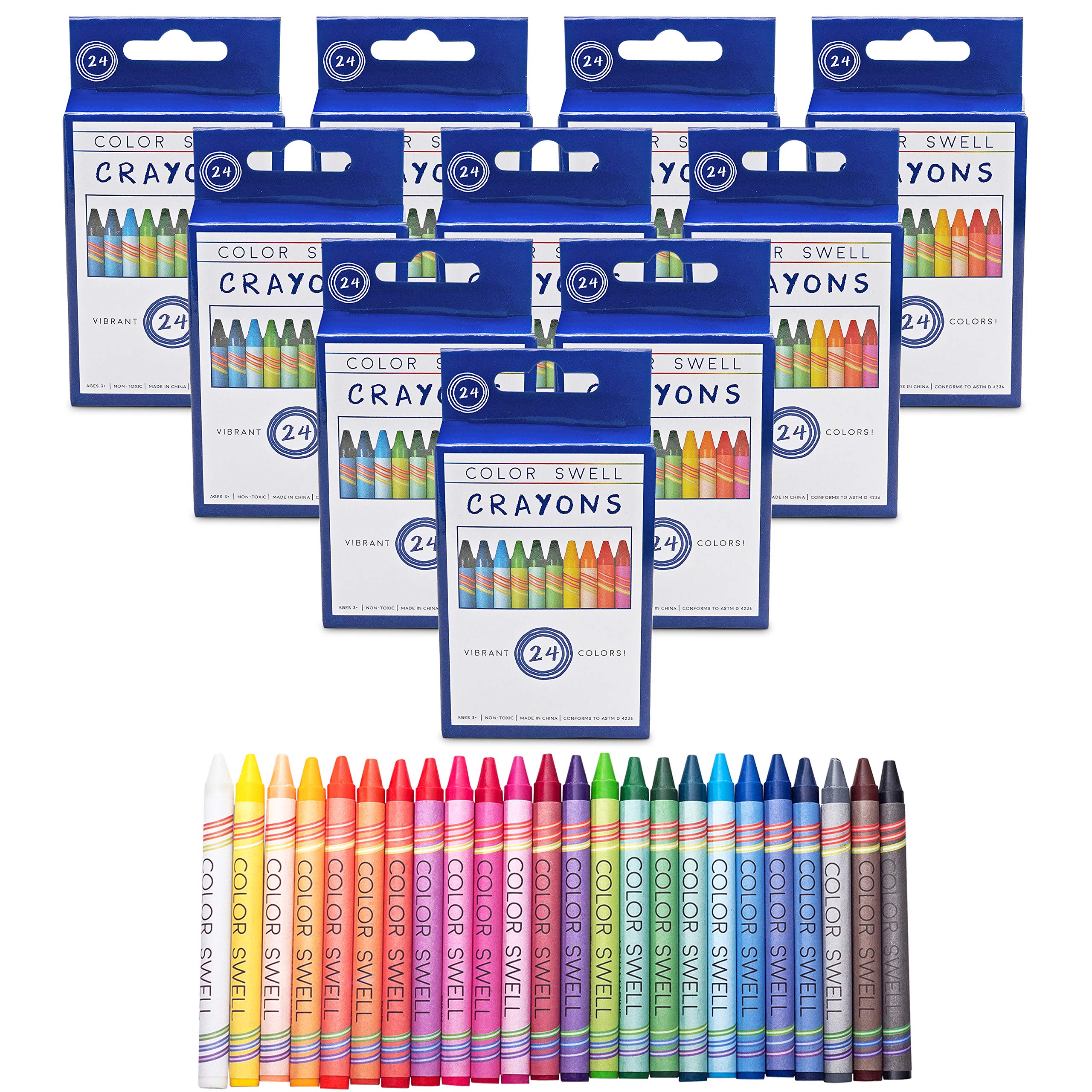 Color Swell Bulk Crayons - 10 Packs of 24 Vibrant Teacher Quality Crayons | Durable Art Supplies for Kids, Classroom & Homeschooling | Perfect for Coloring Books, Art Projects & School Activities