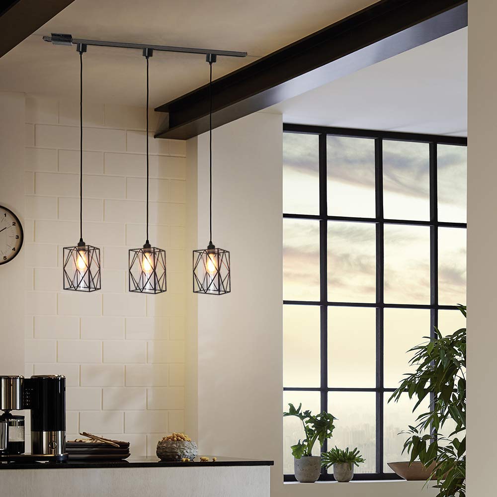 Kiven H Track Lighting Pendant - Elegant Metal Cage Pendant Light with Clear Glass Shade, 3-Light Industrial Style Fixture for Kitchen Island, Dining Room & Living Room Lighting
