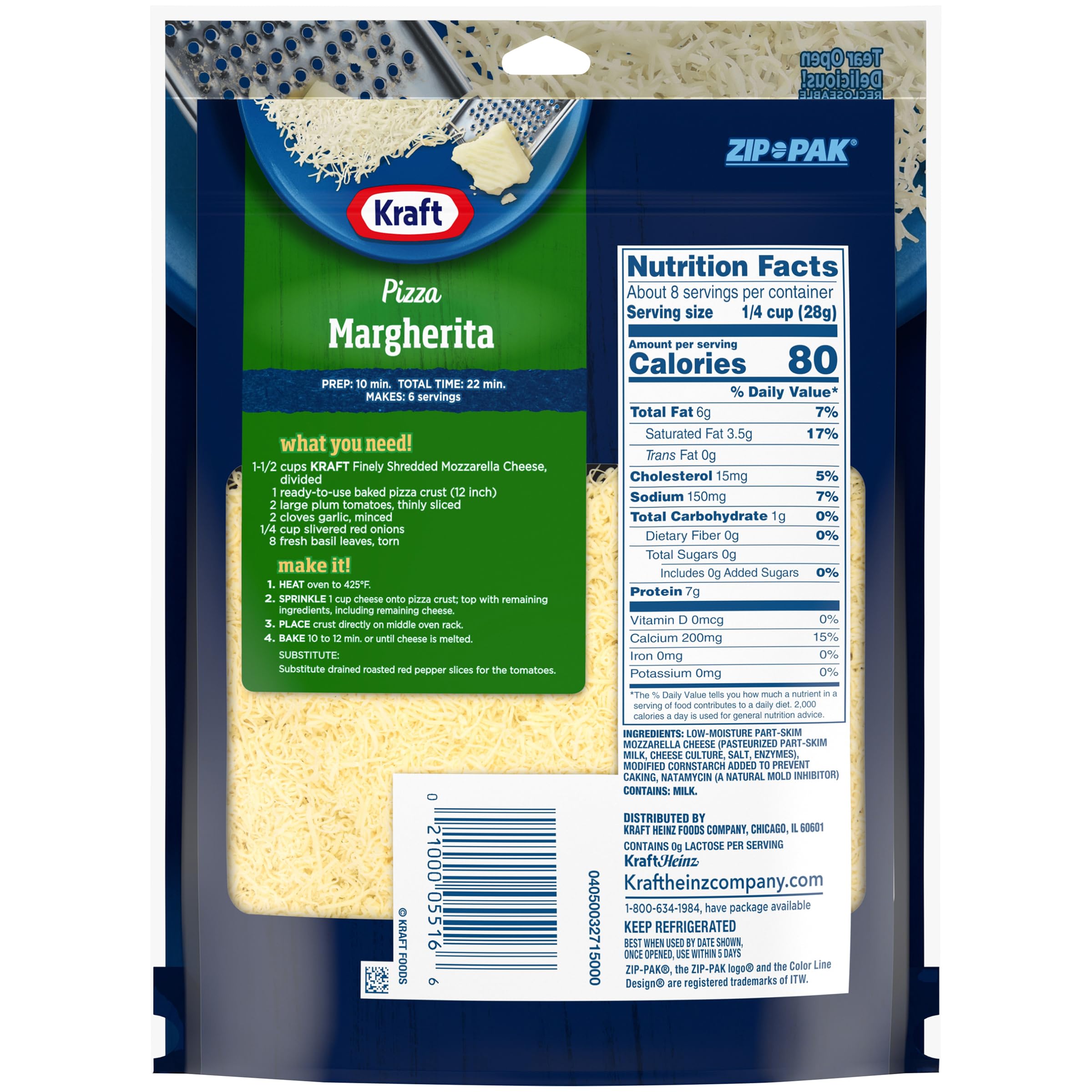 Premium Kraft Finely Shredded Natural Mozzarella Cheese - 8 oz Resealable Pouch - Perfect for Pizza, Pasta, Salads & Italian Recipes