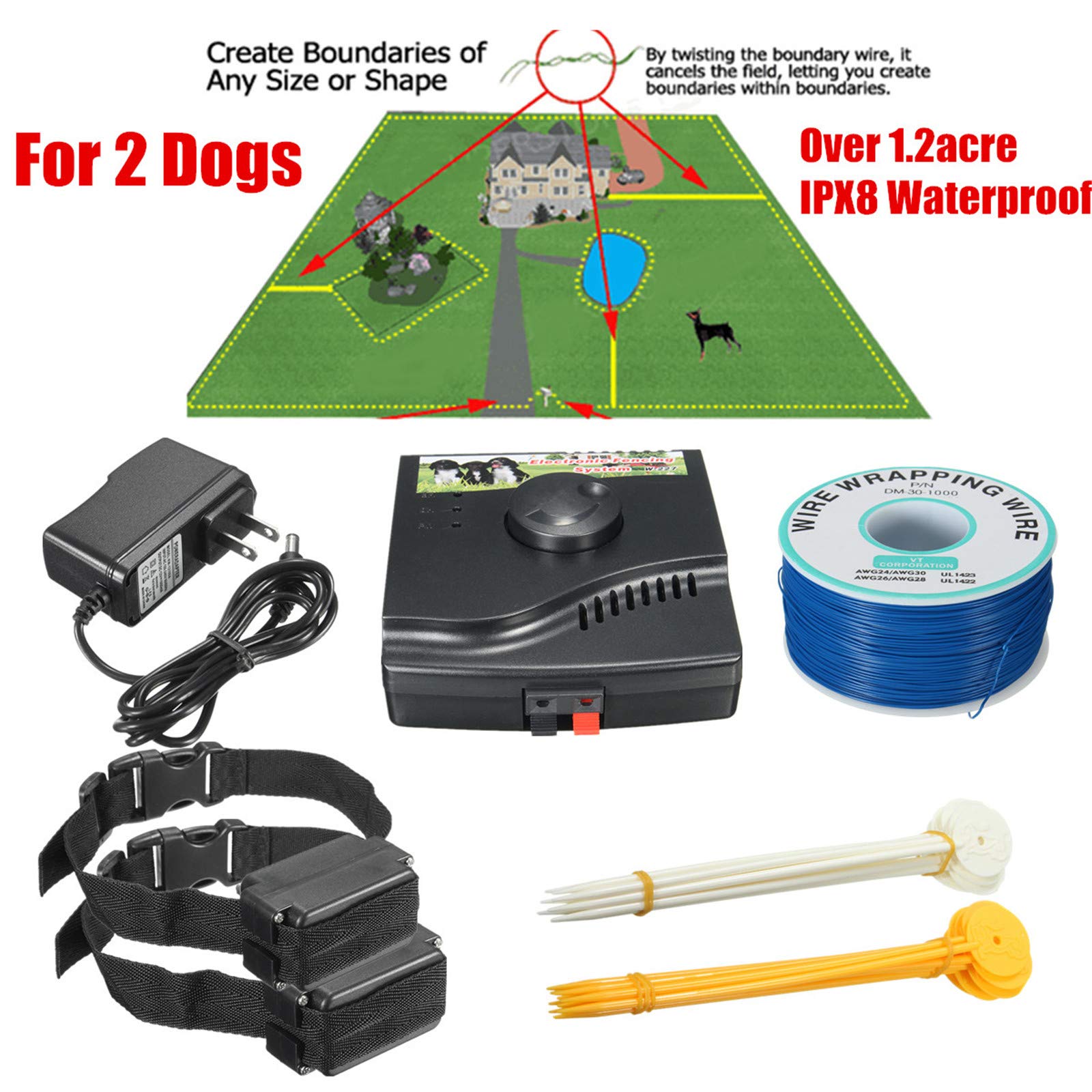 Electric Dog Fence System - Safe & Effective Above Ground & Underground Pet Containment for Small, Medium & Large Dogs | Rechargeable Waterproof Collar Receiver | Works for 2 Dogs | Perfect for Backyard, Farm & Outdoor Dog Training