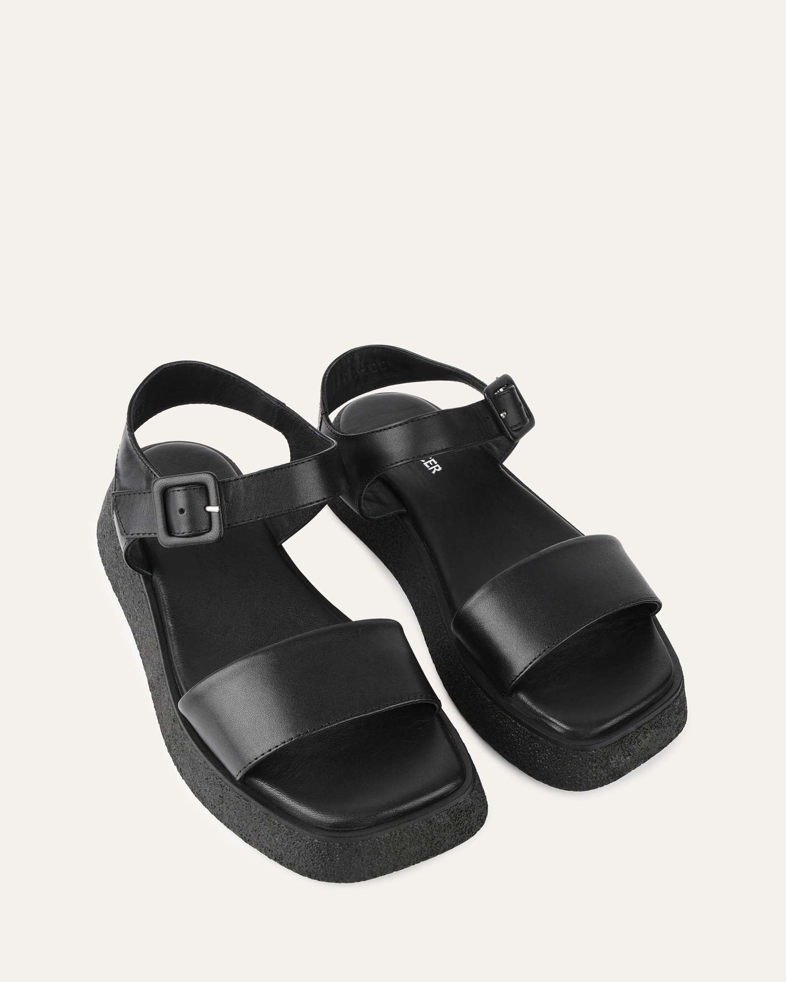 ZURI Women's Flat Sandals - Black Genuine Leather Comfortable Slip-On Sandals for Walking, Beach, Vacation & Casual Outings