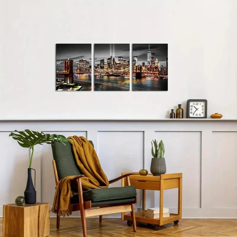 3-Piece Black and White Modern Night View Metal Wall Art - Ready to Hang Home Decor for Living Room, Bedroom & Office