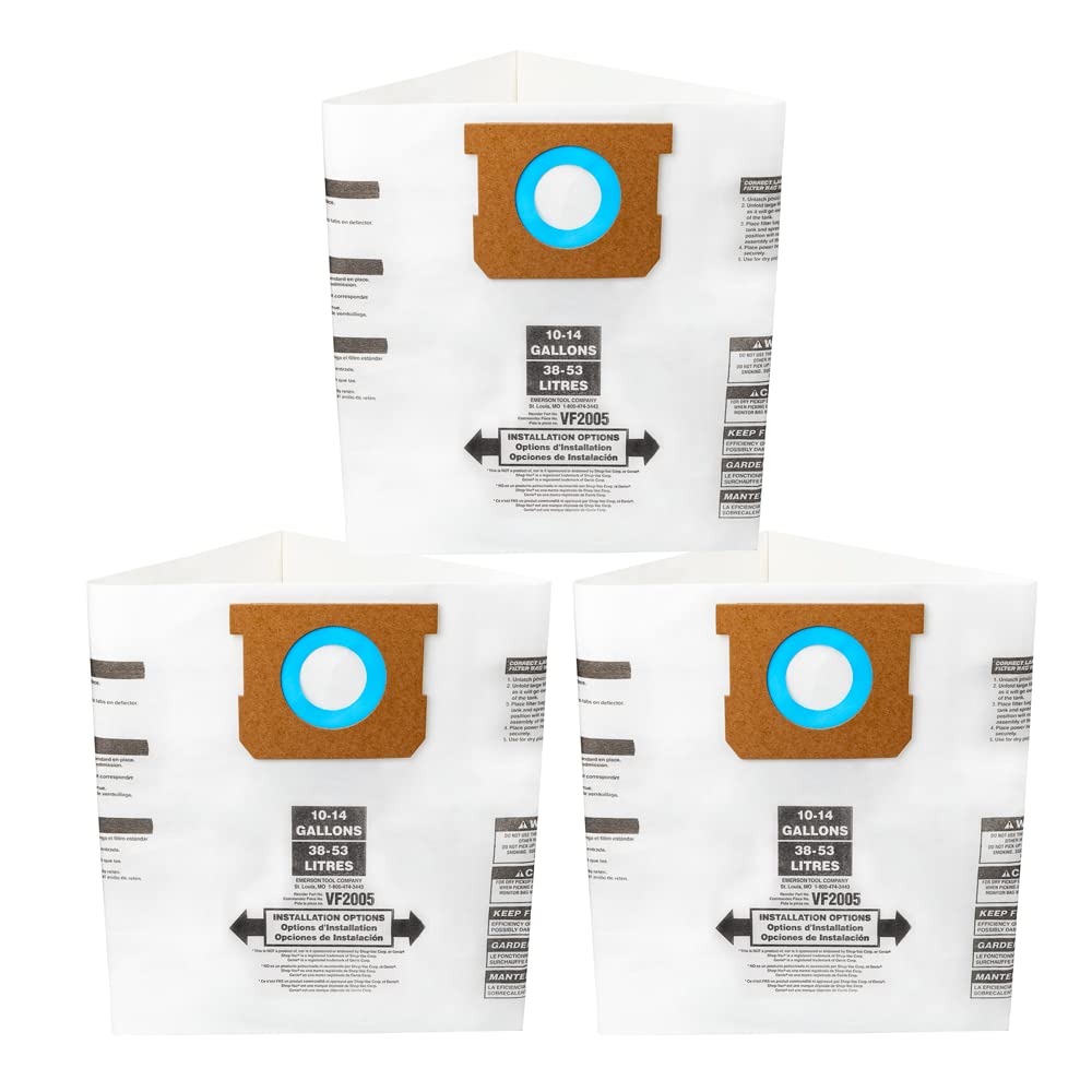 Disposable Vacuum Filter Bags 3-Pack for 10-14 Gallon Shop Vacs - Compatible with Type F (90662, 9066200, 9066233) & Type I (90672, 9067200, 9067233) Models - VF2005 Dust Collection Bags - Ideal for Woodworking, Construction, and Workshop Cleanup