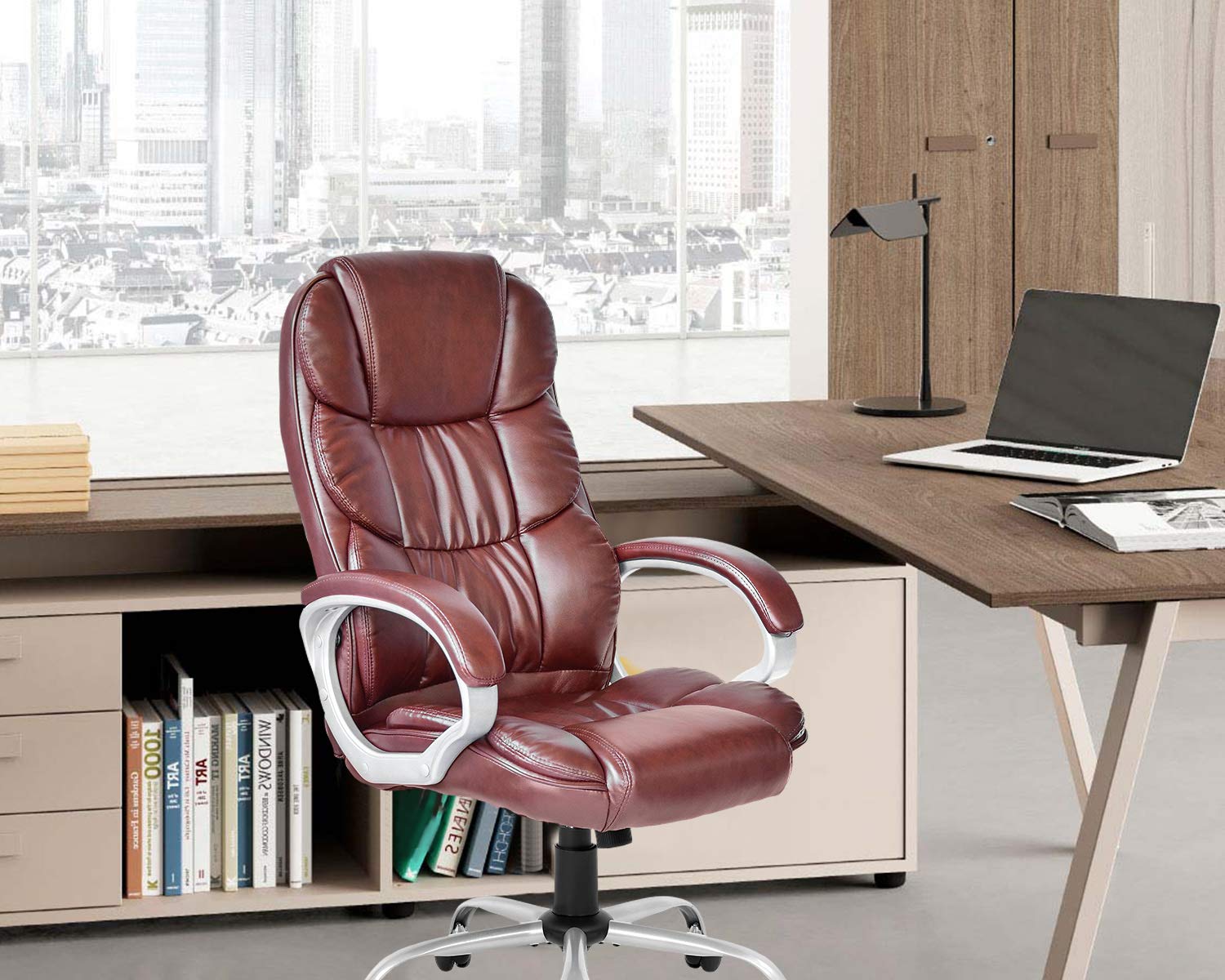 Ergonomic High Back Office Chair - Adjustable Executive Desk Chair with PU Leather, Lumbar Support & Armrests - Perfect for Home Office, Gaming & Workspaces (Brown)