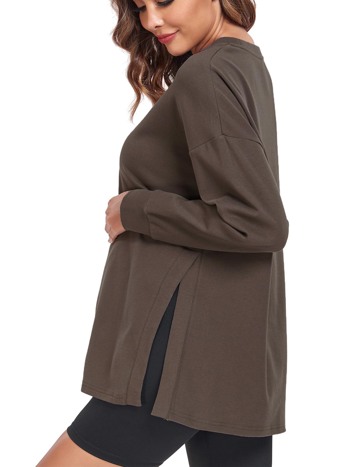 BBHoping Women's Maternity Shirts - Casual Split Side Pregnancy Tops, Long Sleeve Round Neck Loose Fit Nursing Clothes for Comfortable Everyday Wear at Work or Home
