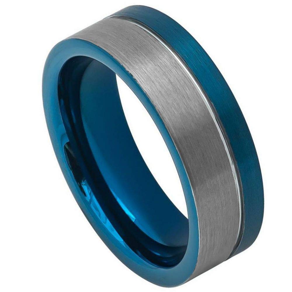 8mm Brushed Finish Two-Tone Blue IP Comfort Fit Tungsten Carbide Men's Wedding Band Anniversary Ring - Size 12.5 - Durable & Scratch Resistant for Daily Wear, Work & Special Occasions