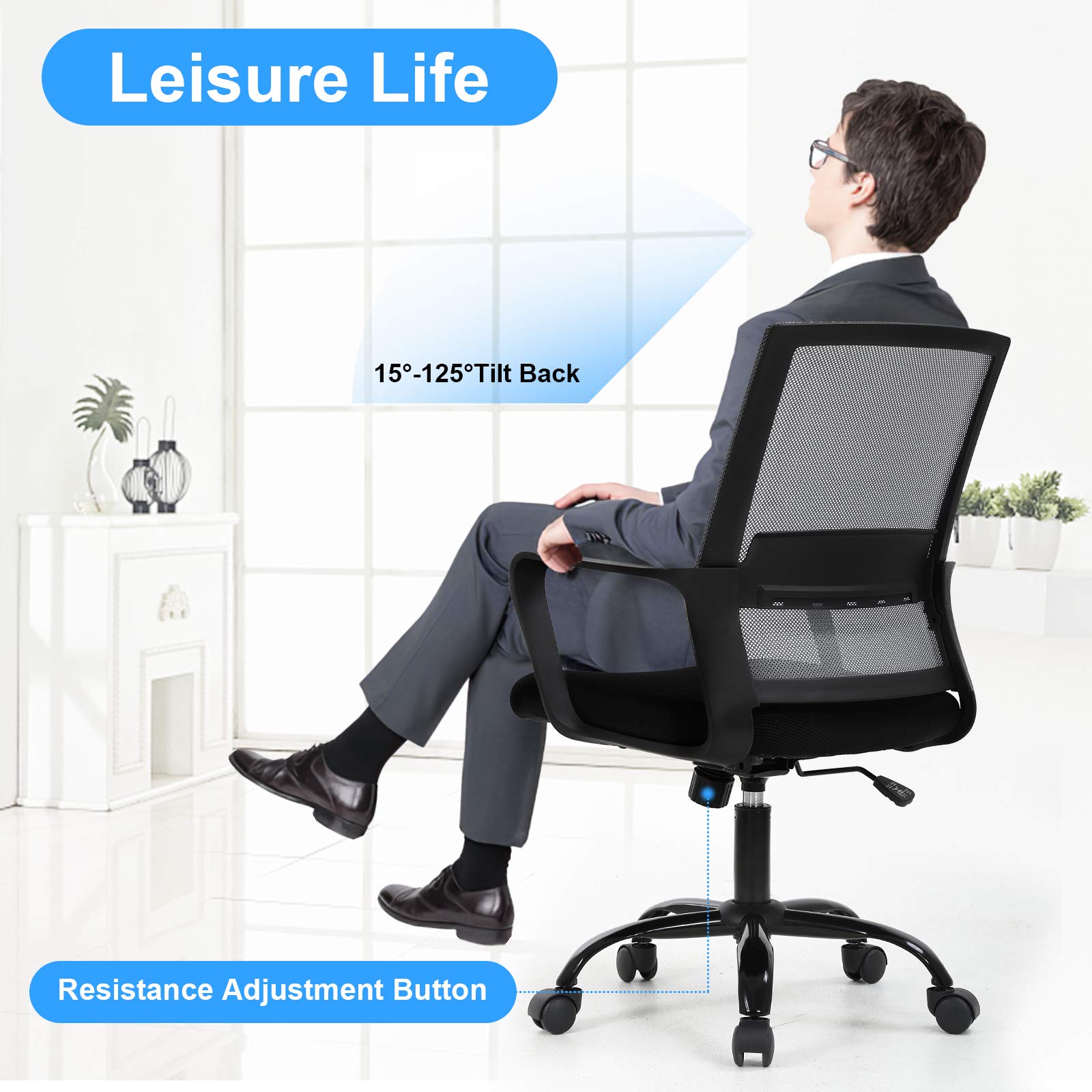 Ergonomic Office Chair with Adjustable Lumbar Support - Mid Back Mesh Computer Desk Chair with Armrests, Swivel & Rolling Wheels - Modern Executive Task Chair for Home Office, Gaming & Workspace - Gray
