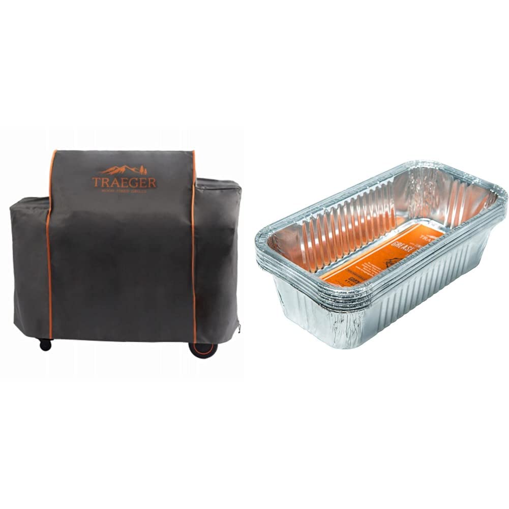 Traeger BAC360 Timberline Full-Length Grill Cover for 1300 Series (Gray) & BAC404 Timberline Grease Pan Liners (5-Pack) - Durable Outdoor BBQ Accessories for Smoking, Grilling, and Backyard Cooking