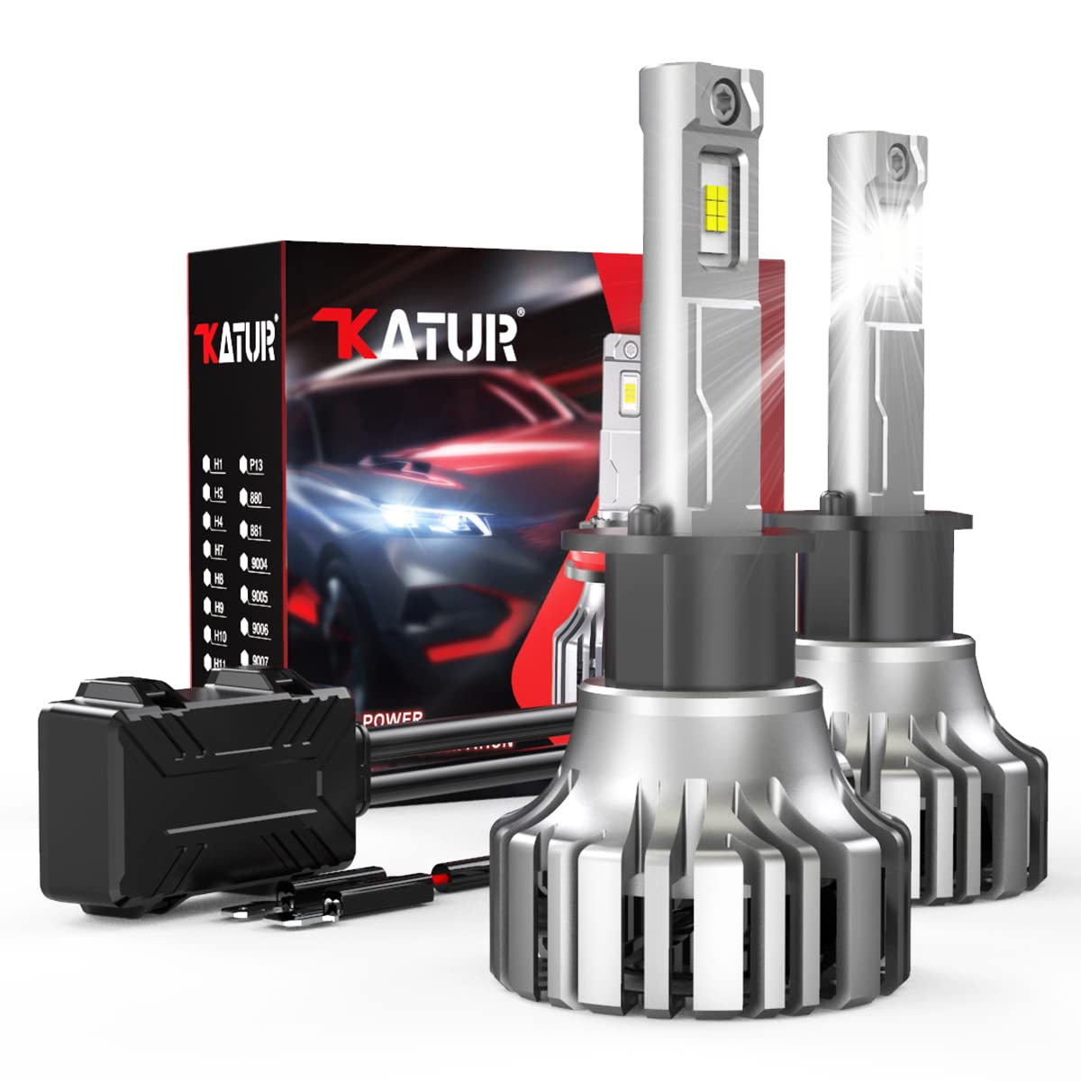 KATUR H1 LED Headlight Bulbs - 110W 20000LM Super Bright 6000K-6500K Xenon White, CANBUS Ready H1 LED Conversion Kit, IP65 Waterproof, Plug and Play - Pack of 2 for Cars, Trucks, SUVs - Perfect for Night Driving and Off-Road Adventures