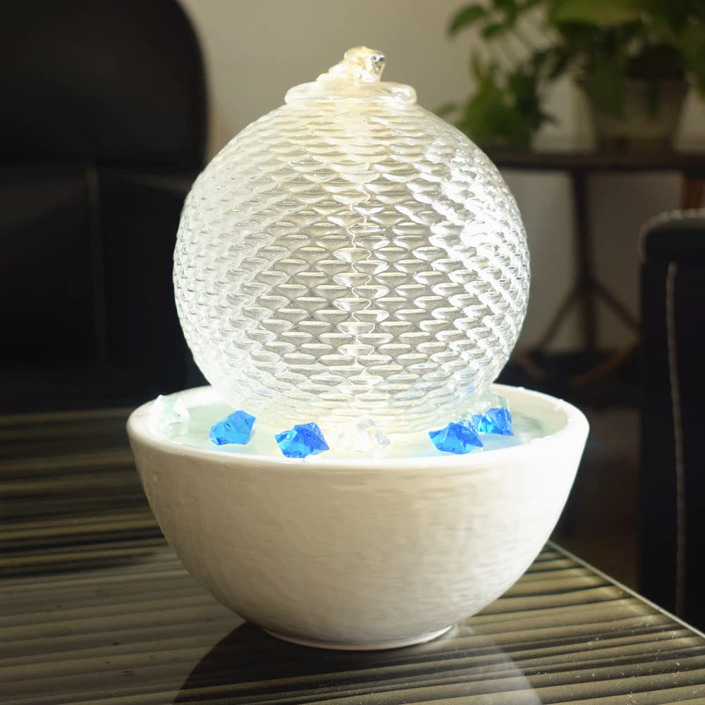 White Ceramic and Glass Tabletop Fountain - Indoor Water Feature for Home, Office, Desk Decor - Relaxing Zen Atmosphere for Living Room, Bedroom, or Workspace