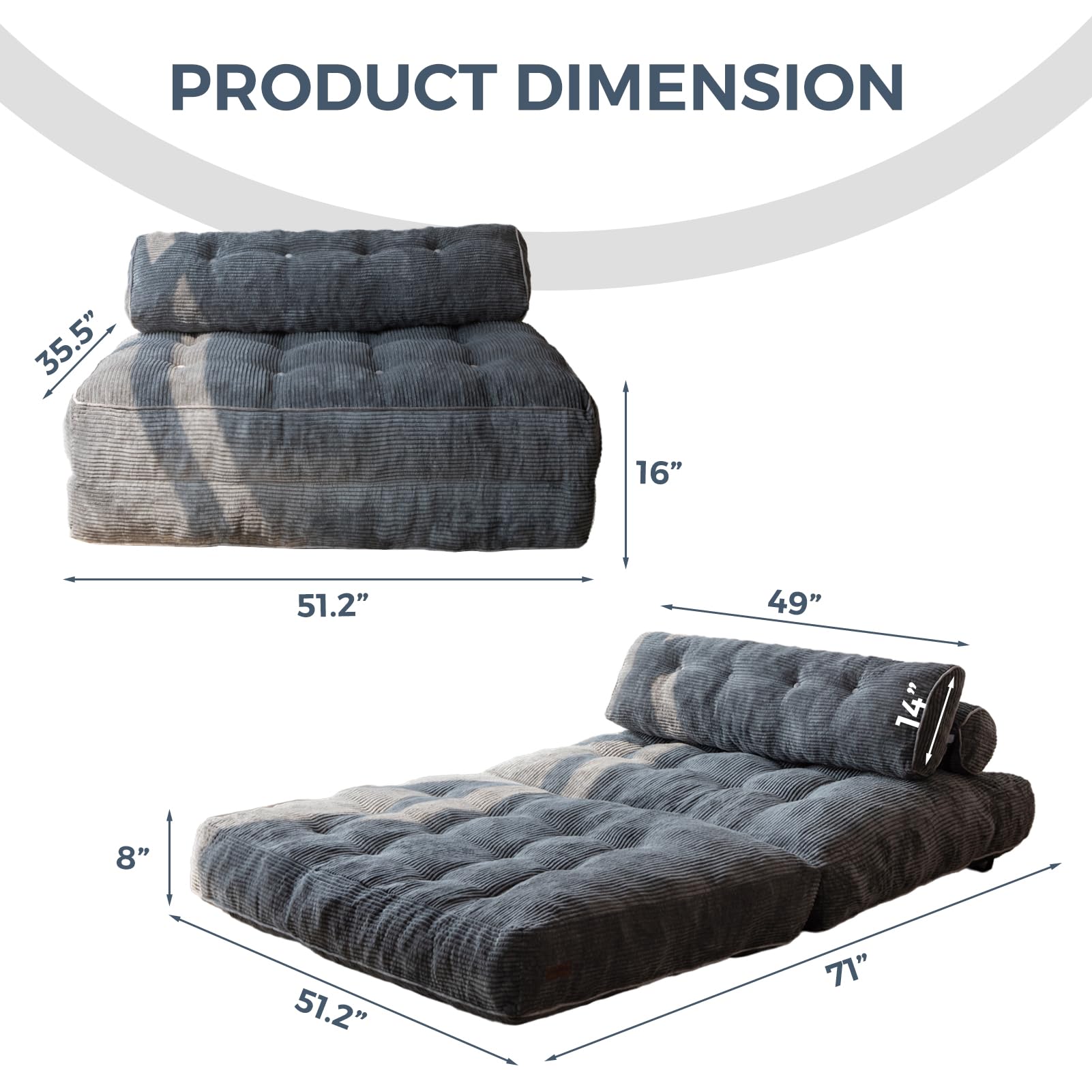 MAXYOYO Corduroy Folding Sofa Bed - Convertible Sleeper Chair with Pillow & Foldable Mattress, Back Support (Double Size, Dark Grey) for Small Spaces, Guest Rooms & Apartments