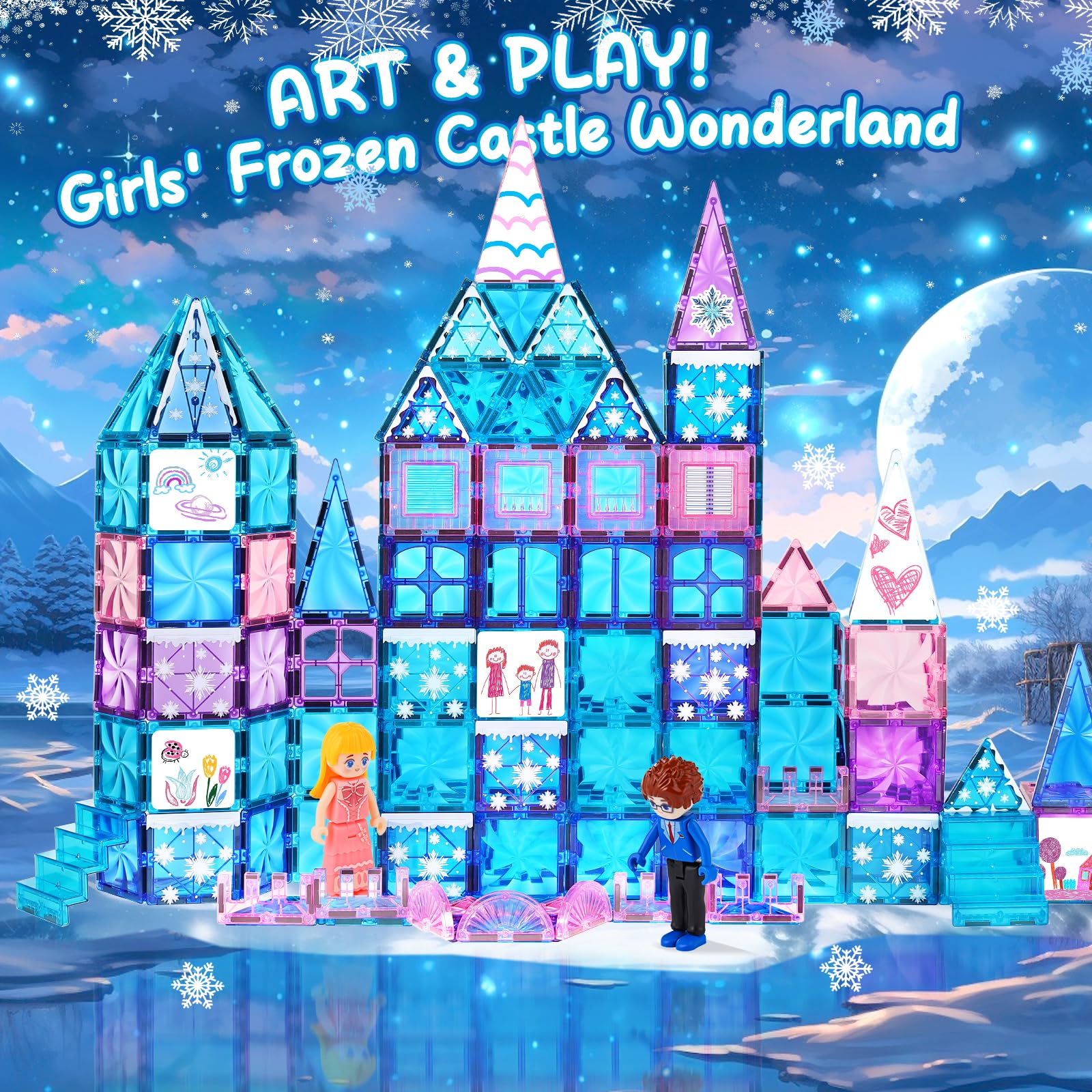 145pcs Frozen Castle Magnetic Tiles Set with Magnetic Doodle Kit - STEM Educational Toys for Girls Ages 3-12 | Includes Stairs, Dolls, Decals & Stickers | Perfect Birthday & Christmas Gift for 3-8 Year Old Girls | Creative Building & Drawing Play for Home & Classroom