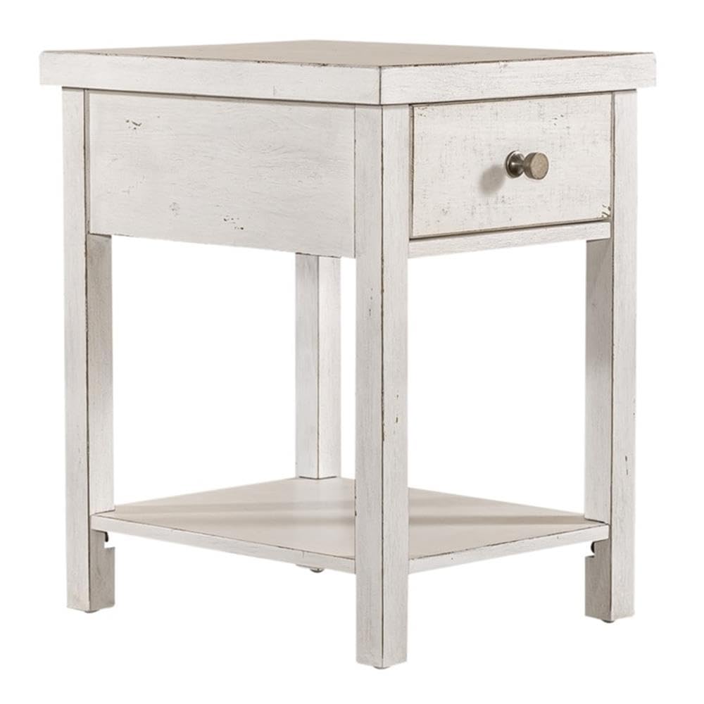 Modern Farmhouse White Drawer Side Table - Nightstand or Accent Table for Bedroom, Living Room & Office - Rustic Home Decor with Storage Drawer