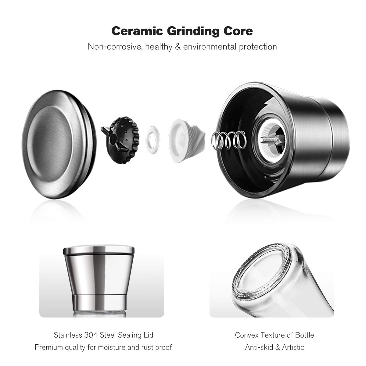Premium Stainless Steel Salt and Pepper Grinder Set - Adjustable Coarseness with 5 Grinding Levels, Manual Spice Mill with Stand & Silicone Funnel (2-Pack) - Perfect for Kitchen, Dining Table & Outdoor BBQ