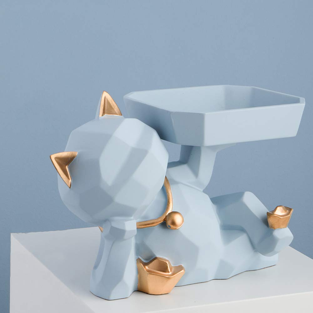 LIUSHI Resin Lucky Cat Figurine - Modern Creative Animal Sculpture Statue with Storage Tray (Light Blue, 25x15x16cm) - Home Decor, Office Desk Organizer, Gift for Cat Lovers