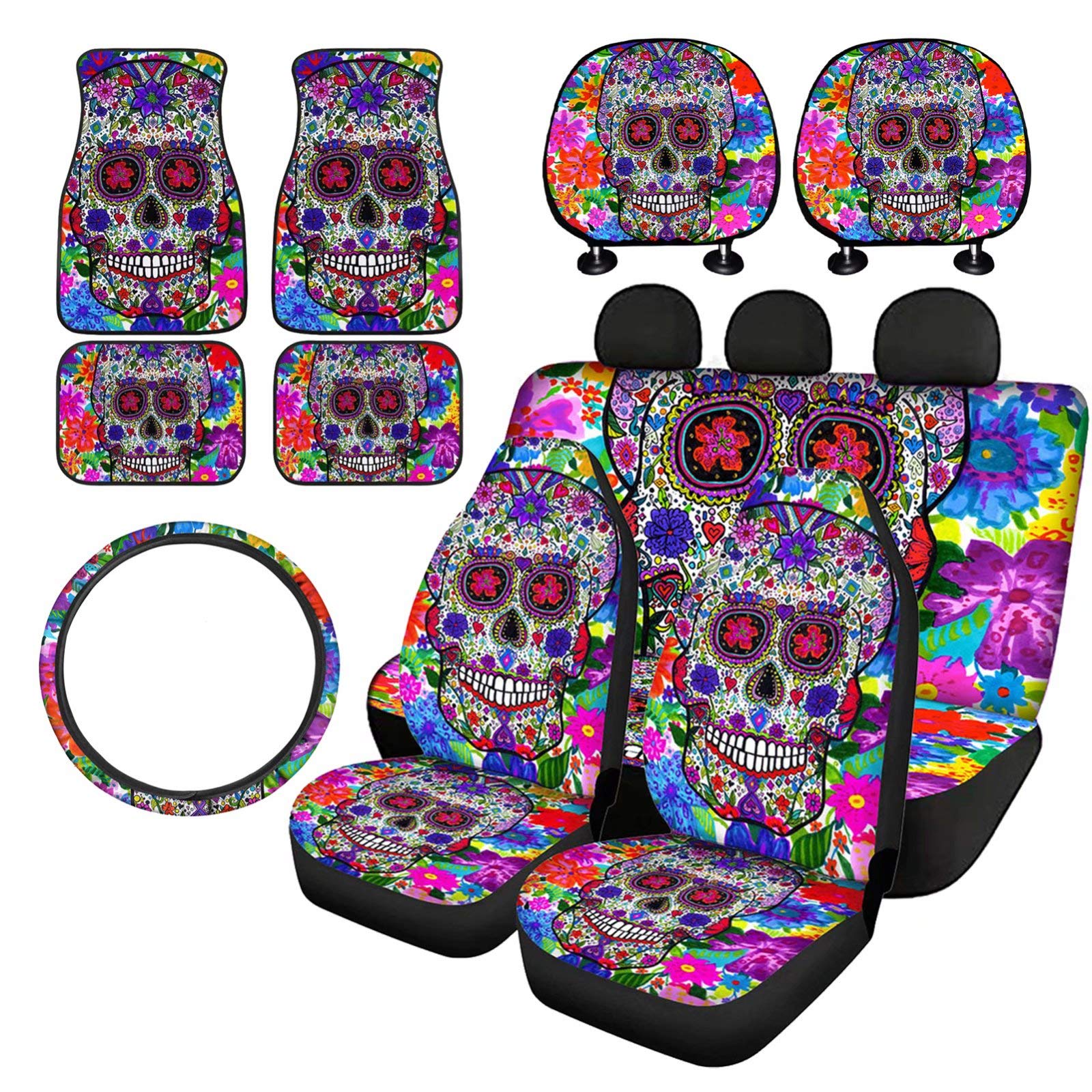 Premium Universal Car Seat Covers Set - Headrest Protectors, Floormats & Steering Wheel Cover with Skull Flower Design for Most Cars, SUVs, Trucks & Vans - Complete Front & Rear Bench Protection for Daily Commute, Road Trips & Family Travel