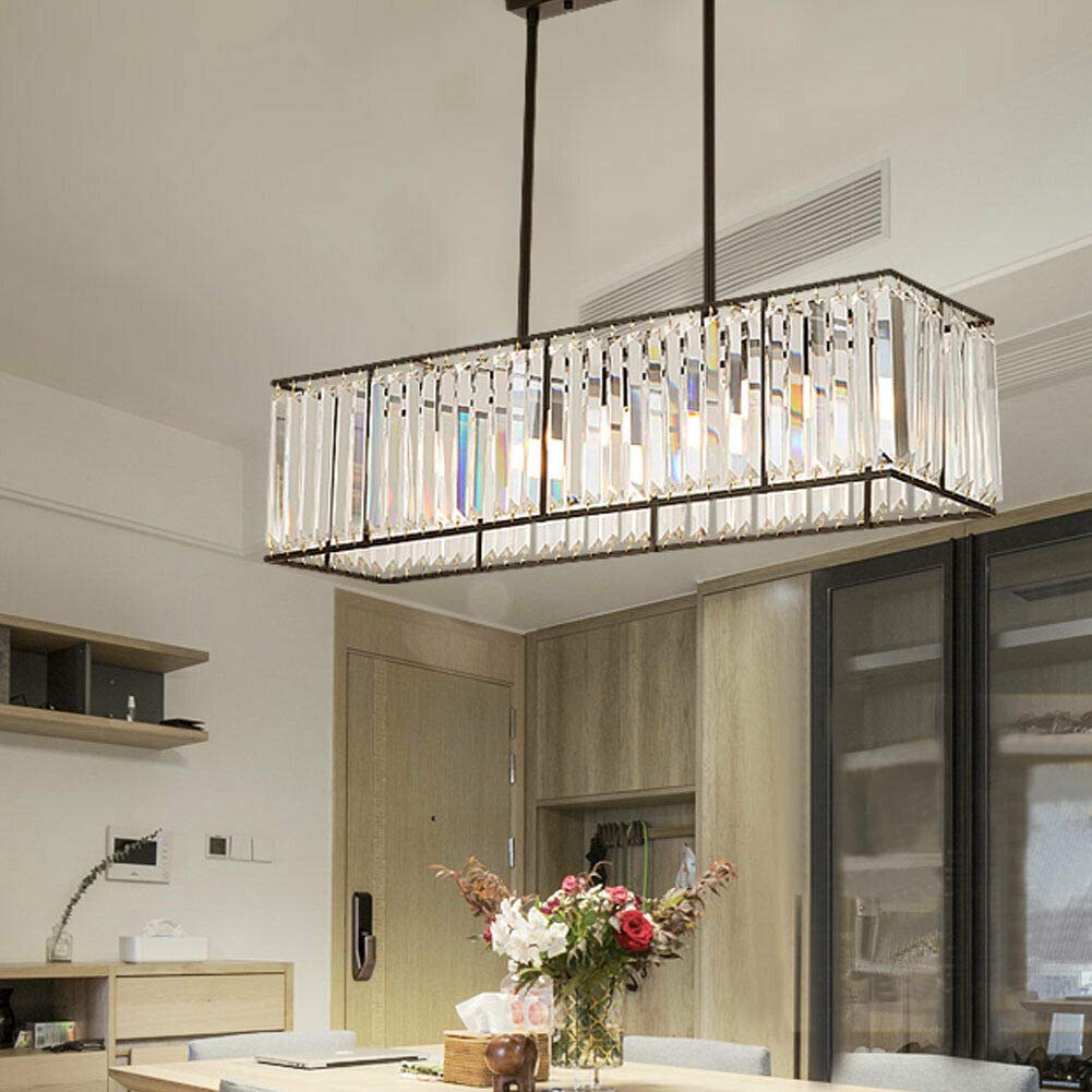 OUKANING Adjustable Rectangle Crystal Chandelier - Modern Pool Crystal Ceiling Pendant Light for Dining Room, Kitchen Island, Living Room, Bedroom, and Office