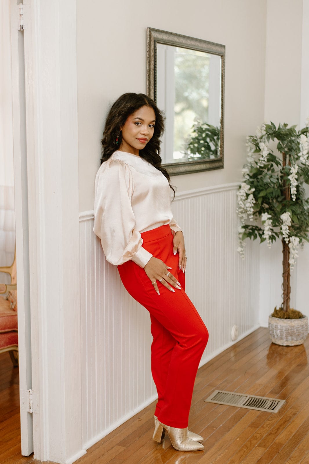 Stylish Red Pintuck High Waist Trousers for Women - Elegant Office Pants & Business Casual Wear