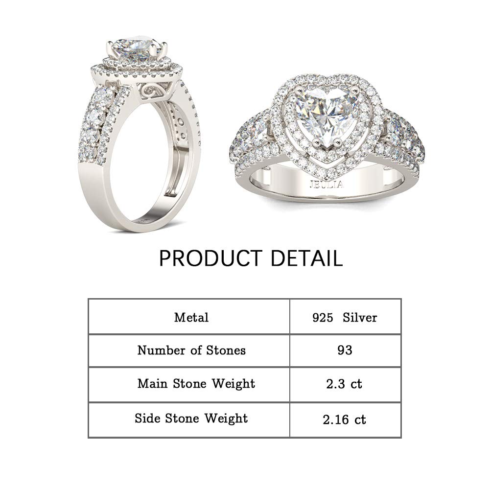 Jeulia 925 Sterling Silver Double Halo Heart Cut CZ Solitaire Engagement Ring with Side Stones - Romantic Promise Ring for Women, Anniversary Gift, Valentine's Day Present, Perfect for Proposals & Special Occasions