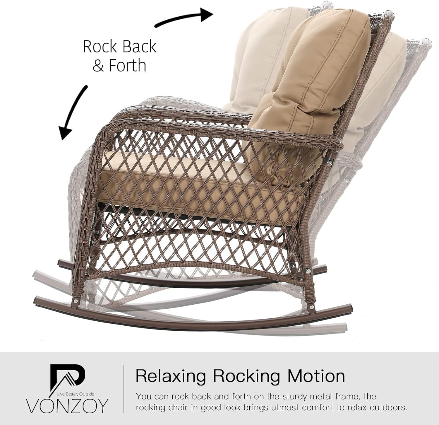 Outdoor Wicker Rocking Chair with Thick Cushions - Patio Furniture Set for Porch, Backyard & Garden - Comfortable Khaki Rocker (1 Pack) - Perfect for Relaxing, Reading & Enjoying Nature