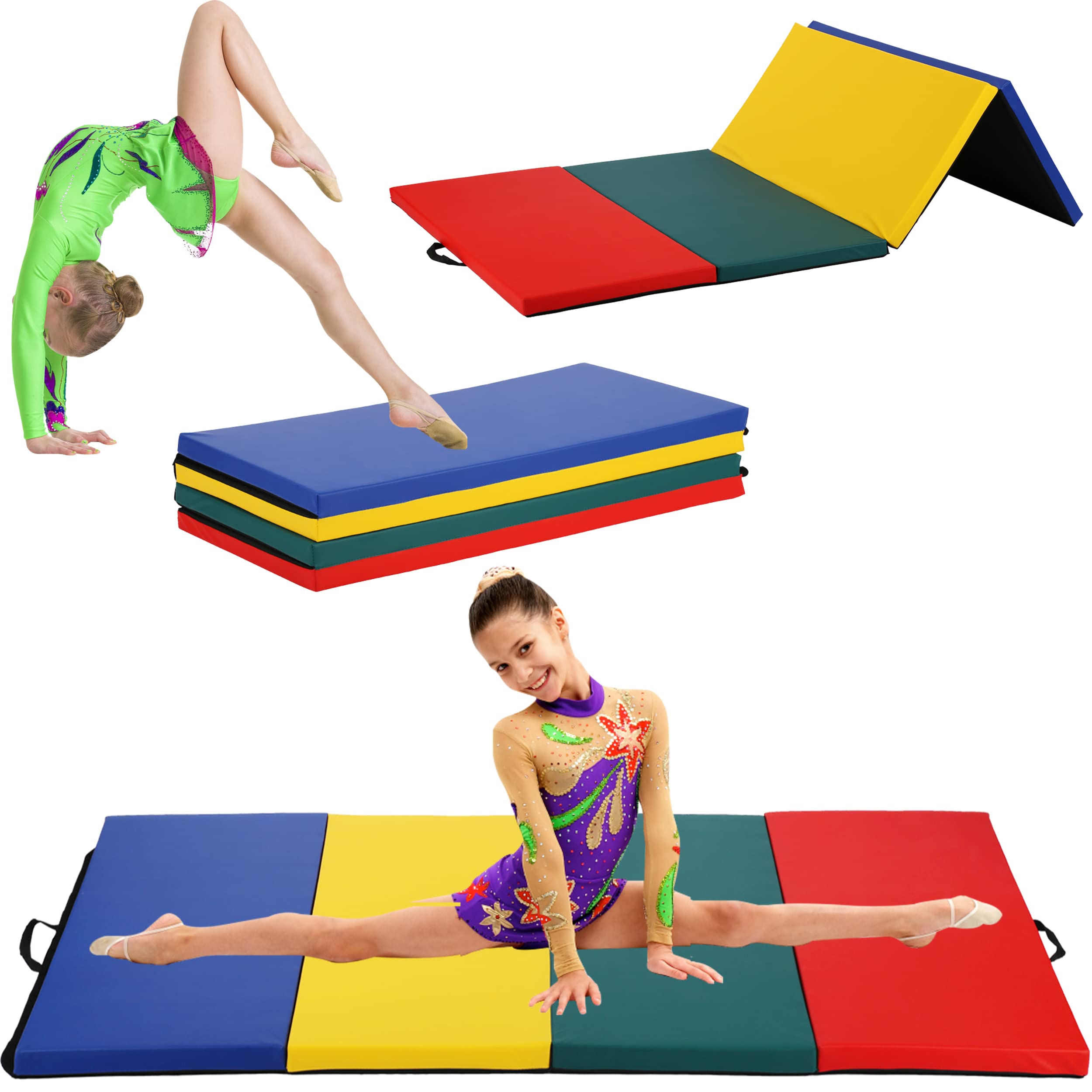 BLKMTY 4-Fold Gymnastics Mat - Thick Tumbling Exercise Mat for Indoor/Outdoor Yoga, Aerobics, Home Workout - Non-Slip Gym Floor Mat with Carry Handle - Perfect for Gymnastics Training, Fitness Routines & Kids Play Area