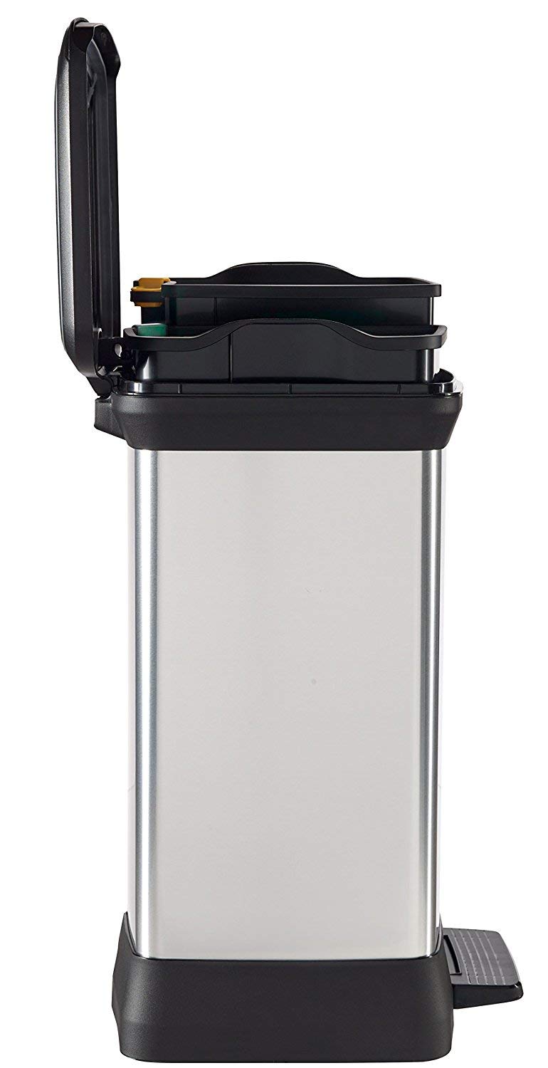 Curver Metal Effect 70% Recycled 30L Dual Compartment Kitchen Recycling Bin with Pedal Touch - Silver | Eco-Friendly Waste Bin for Kitchen, Office & Home Decor