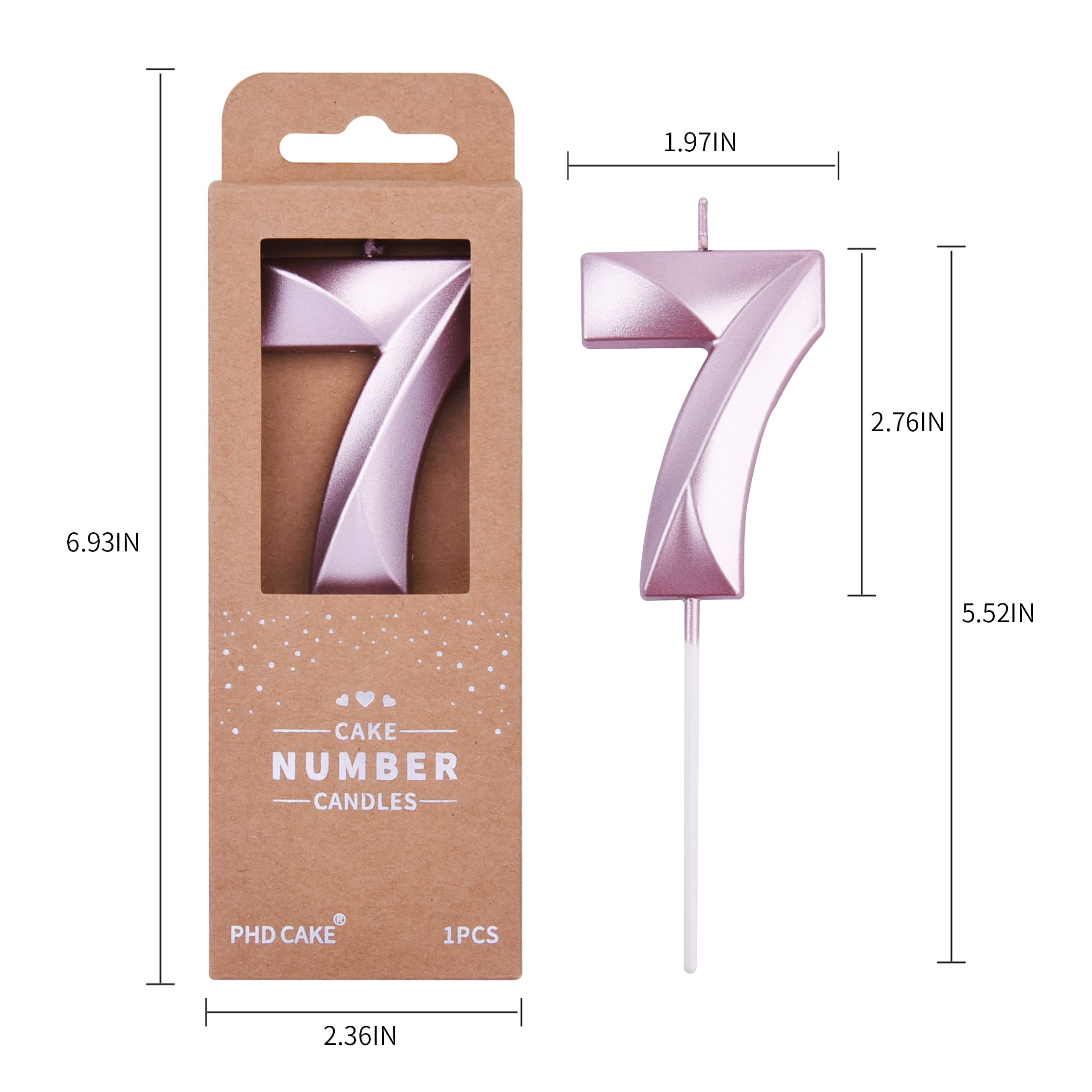 PHD CAKE 2.76 Inch Diamond Rose Gold Number 7 Birthday Candles - Elegant Rose Gold Cake Toppers for Birthday Party Decorations, Wedding Anniversary Celebrations & Special Occasions