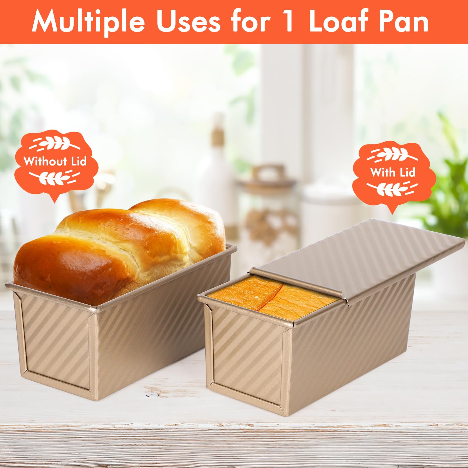 Beasea 2-Pack 0.5 lb Pullman Loaf Pan with Lid - Non-Stick Carbon Steel Mini Bread Toast Box for Homemade Bread, Perfect for Oven Baking, Meal Prep & Gift Giving - Gold