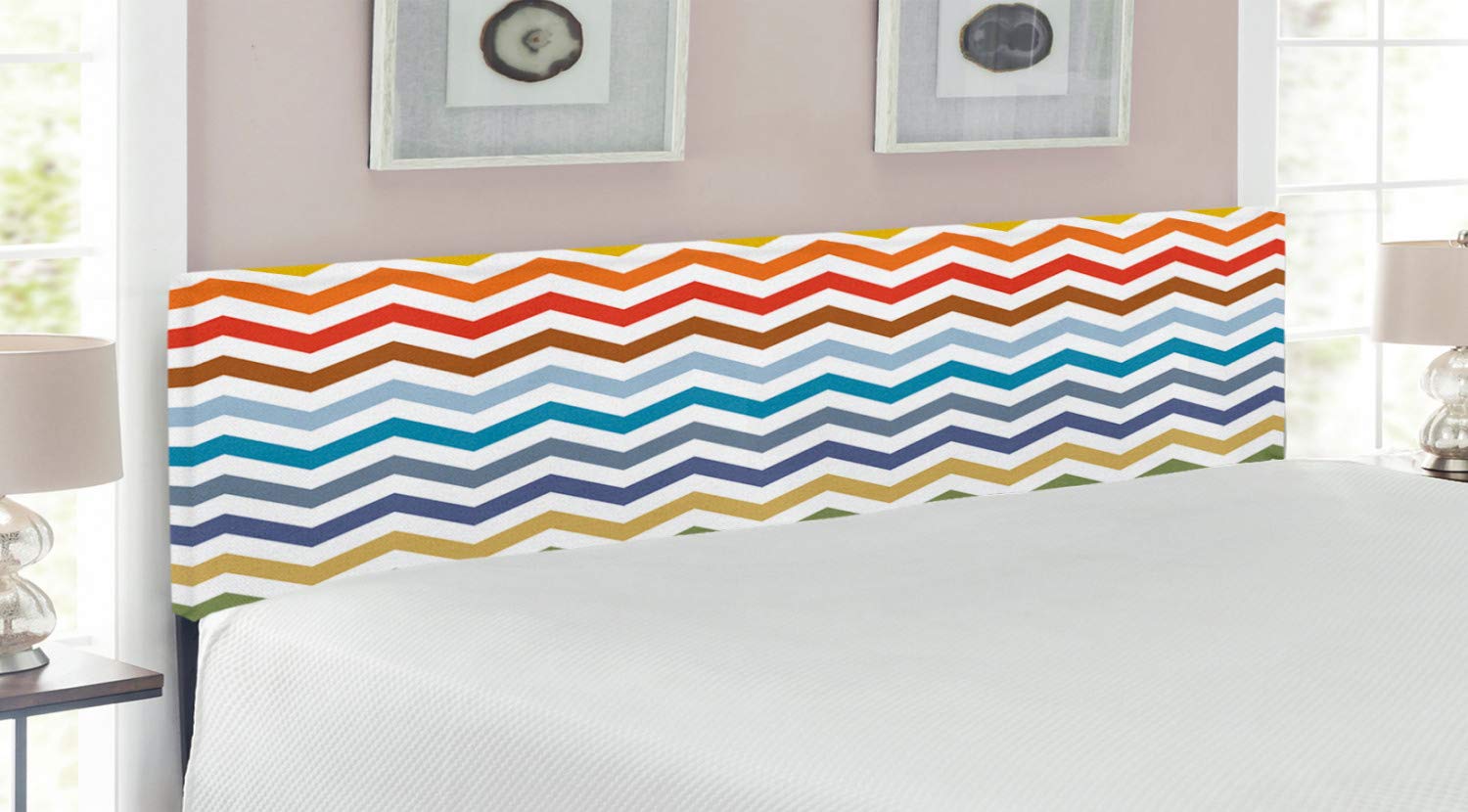 Ambesonne Chevron Pattern Upholstered King Size Headboard - Colorful Retro Zigzag Design with Memory Foam - Decorative Metal Bed Frame for Easter & Spring Home Decor - Perfect for Master Bedroom, Guest Room & Dormitory