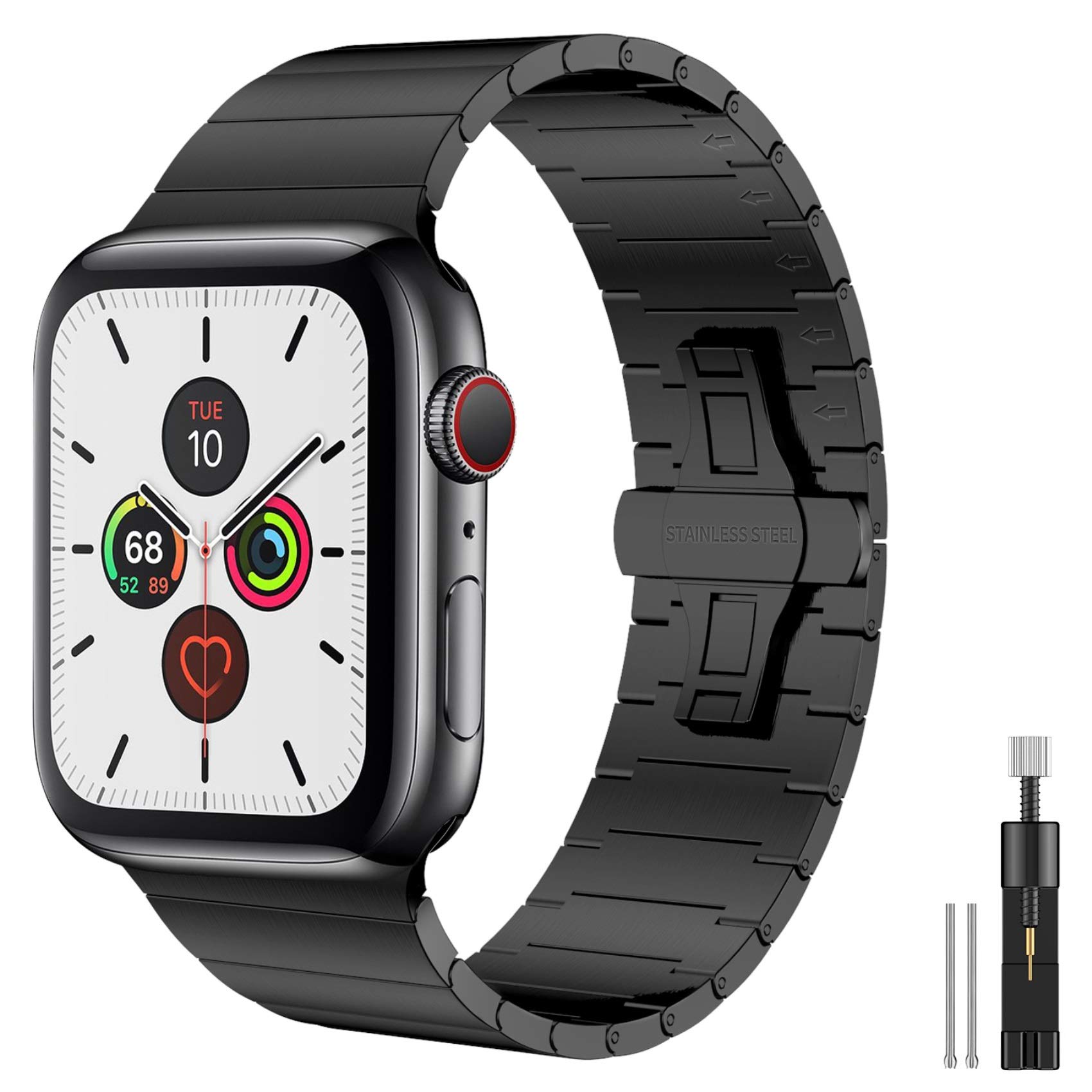 Fitlink Upgraded Stainless Steel Metal Watch Band for Apple Watch Series 6/5/4/3/2/1/SE - 42mm 44mm Black - Premium Replacement Strap for Workout, Office & Daily Wear