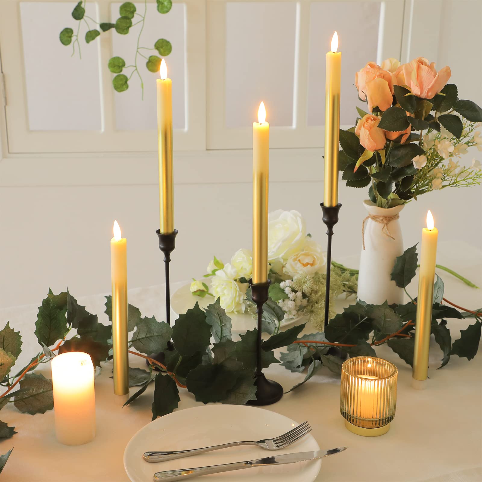6 LED Taper Candles with Remote - Flameless Battery Candles for Wedding & Home Decor (Golden) - Romantic Ambiance Lighting