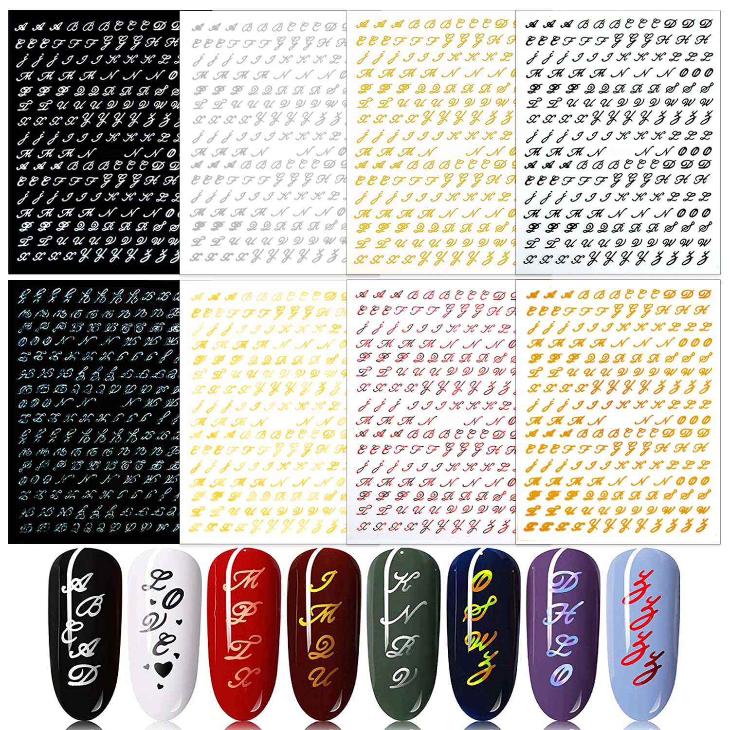 SILPECWEE 8 Sheets Old English Alphabet Nail Stickers - Self-Adhesive Nail Art Decals, 3D Letter Nail Designs for Manicures & Nail Art - Perfect for DIY Nails, Parties, Gifts and Salon Use