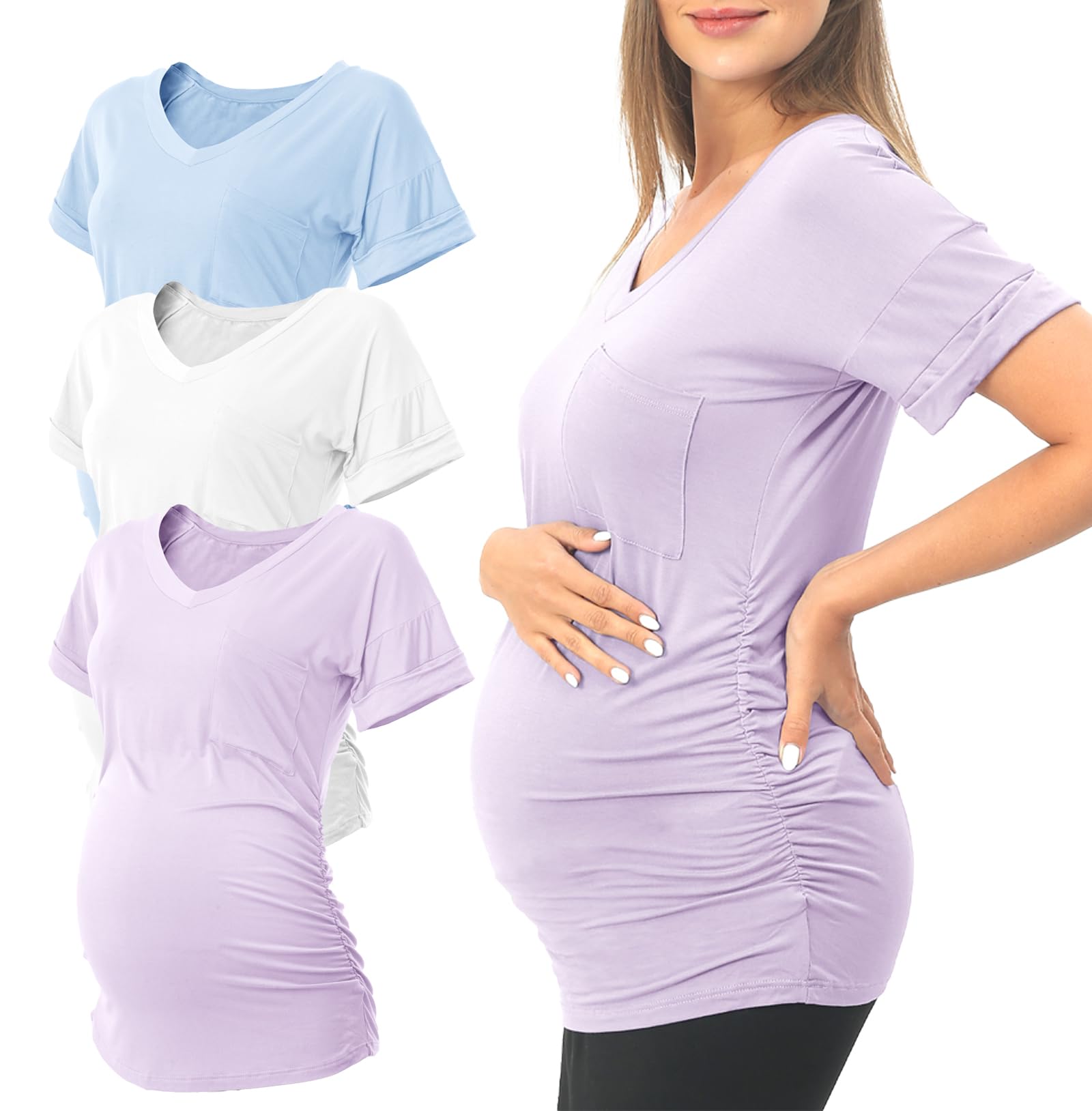 SUNNYBUY 3 Pack Women's Maternity Tops - Side Ruched Pregnancy Shirts with V-Neck for Nursing & Everyday Wear - Comfortable Maternity Clothes for Work & Casual Outfits
