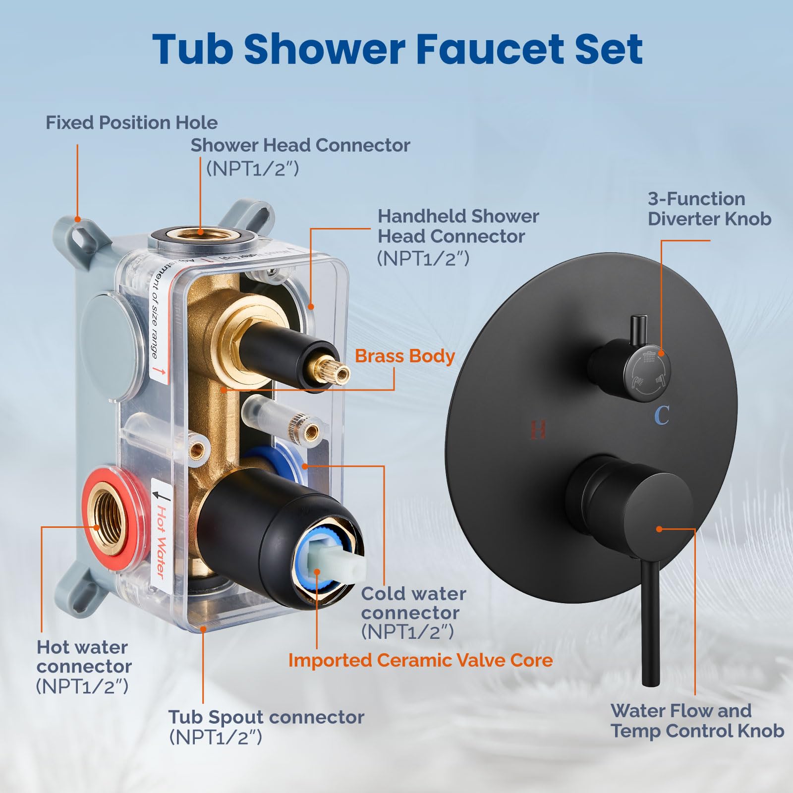 Airuida 12-Inch Matte Black Round Shower System Set - 3-Function Wall Mount Rain Shower Faucet with 2-Function Handheld & Tub Spout - Perfect for Modern Bathroom Renovations and Spa-Like Shower Experience