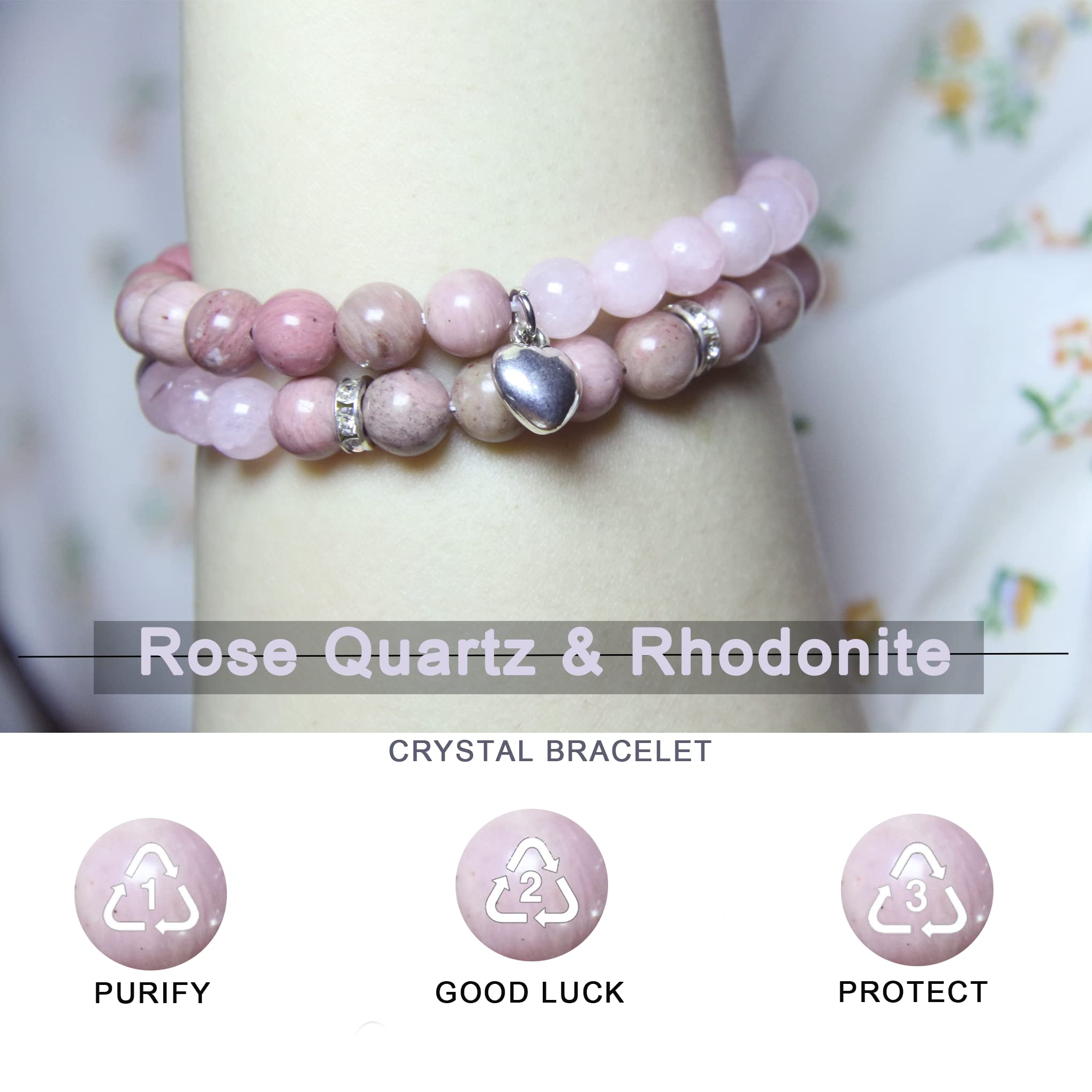 Healing Bracelets for Women - Rose Quartz & Rhodonite Crystal Bracelet with 8mm Natural Stones - Stress Relief, Yoga Meditation, Get Well Soon Gifts for Her - Perfect for Spiritual Healing, Wellness & Positive Energy
