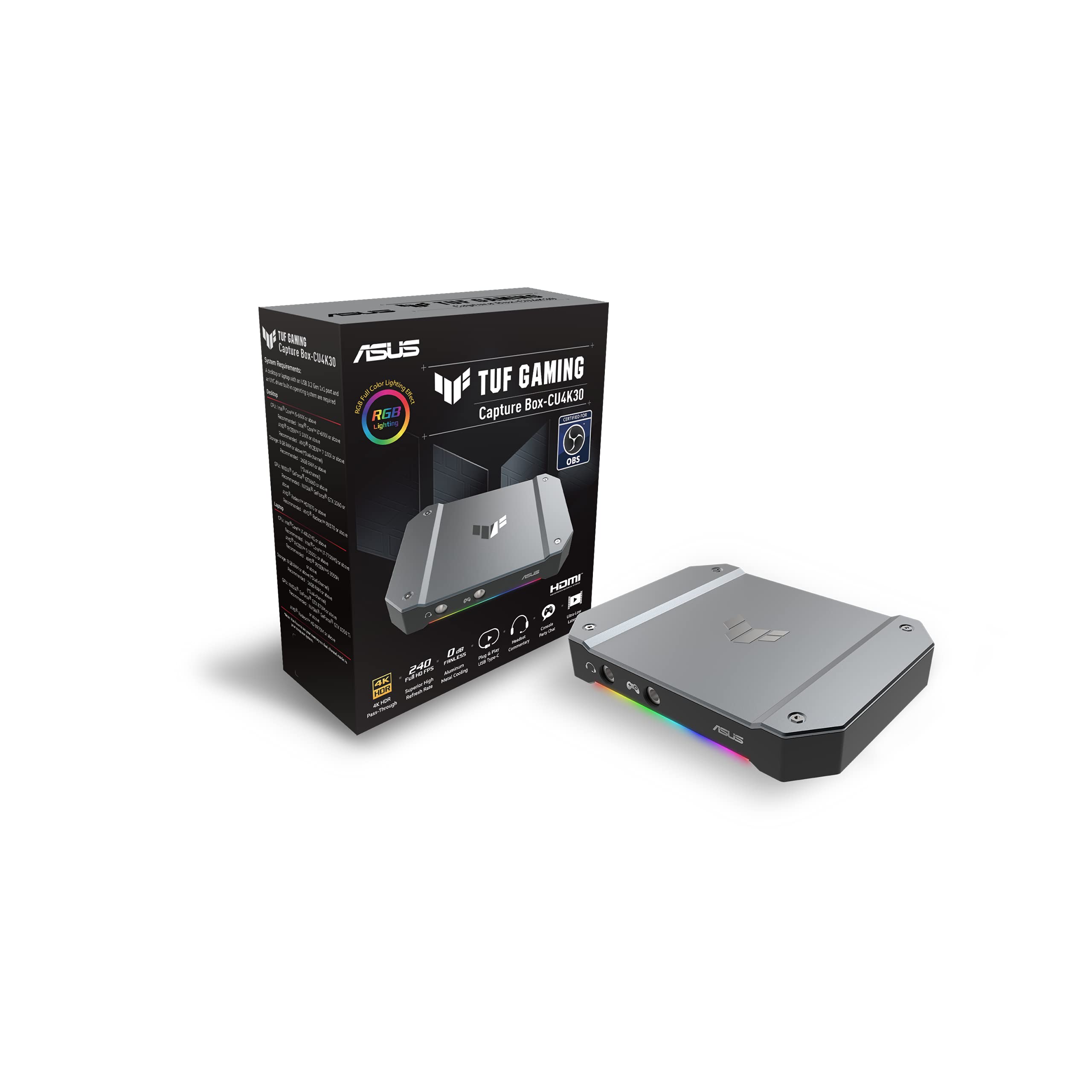 ASUS TUF Gaming Video Capture Card (CU4K30) - 4K/2K/1080P 120FPS HDR Passthrough, Ultra-Low Latency, OBS Certified, USB 3.2 Plug & Play for PC, PS5, Xbox, Switch - Perfect for Live Streaming, Game Recording & Content Creation