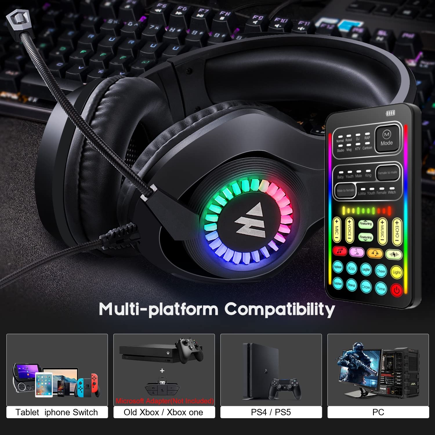 SKTOME Gaming Headset with Microphone & LED Lights - Noise Cancelling Over-Ear Headphones with Voice Changer & Volume Control - Compatible with PS5/PS4/Xbox One/PC/Mobile - Perfect for Streaming, Discord & Online Gaming (Black)