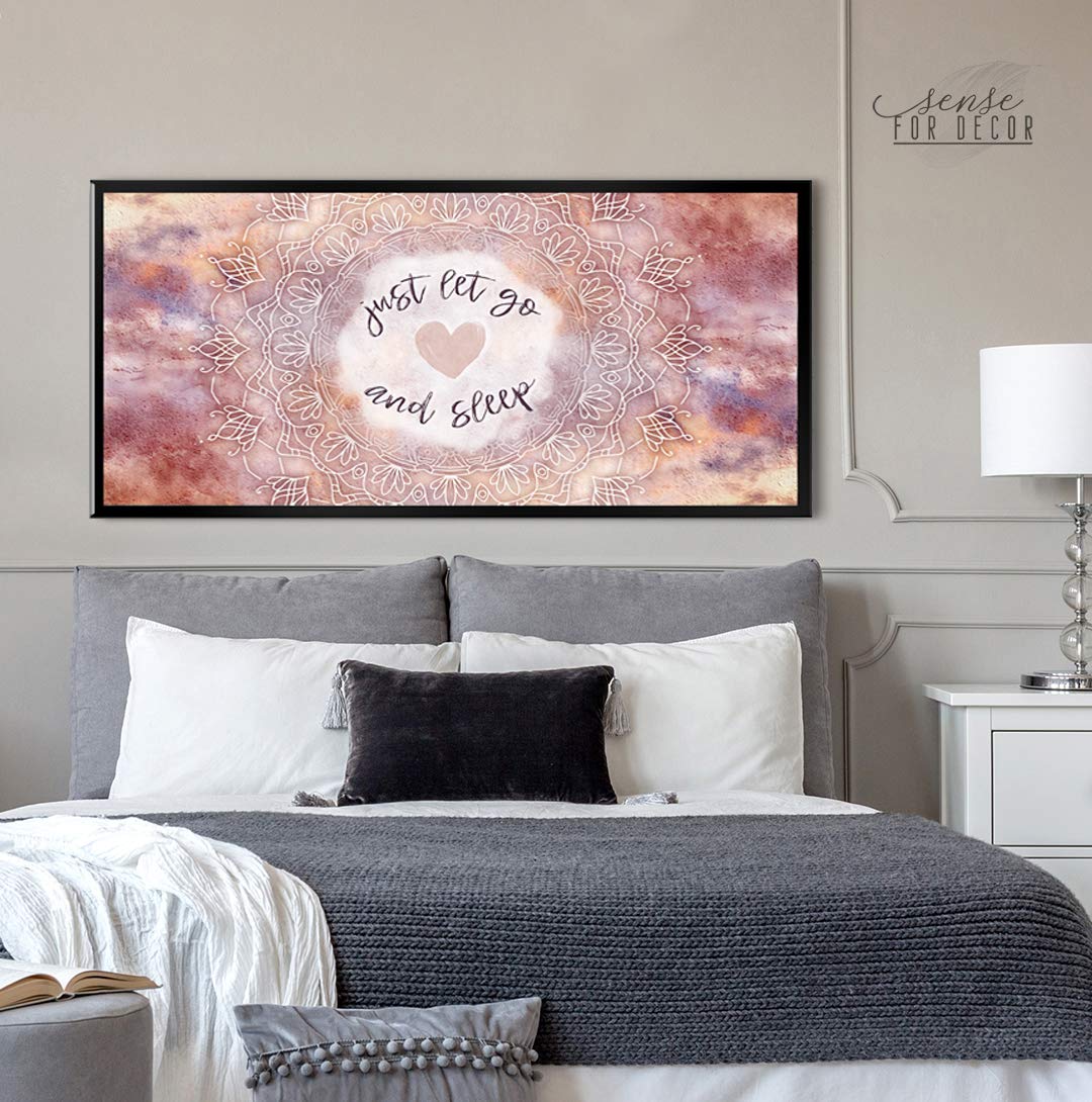 Boho Just Go And Sleep Large Canvas Wall Art - Bohemian Mandala Wall Decor for Master Bedroom, Above Bed Decor (Peach & Black Floating Frame 42x19) - Perfect for Home, Office & Meditation Spaces