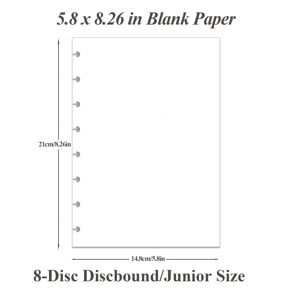 Junior Size Blank Refill Paper - A5 8-Disc Discbound Notebook Filler Paper, 100 Sheets (200 Pages) 100gsm White Paper, 5.8