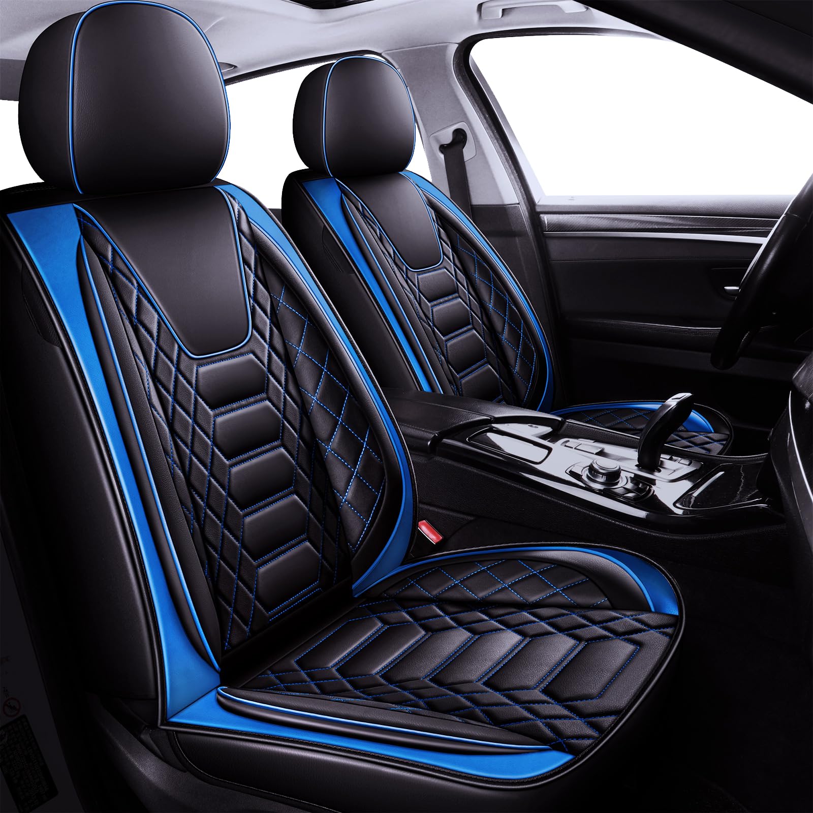 Premium Leather Car Seat Covers Full Set - Universal Fit for 5 Seats, Airbag Compatible & Durable Protection (Black & Blue) | Perfect for SUVs, Sedans & Family Vehicles