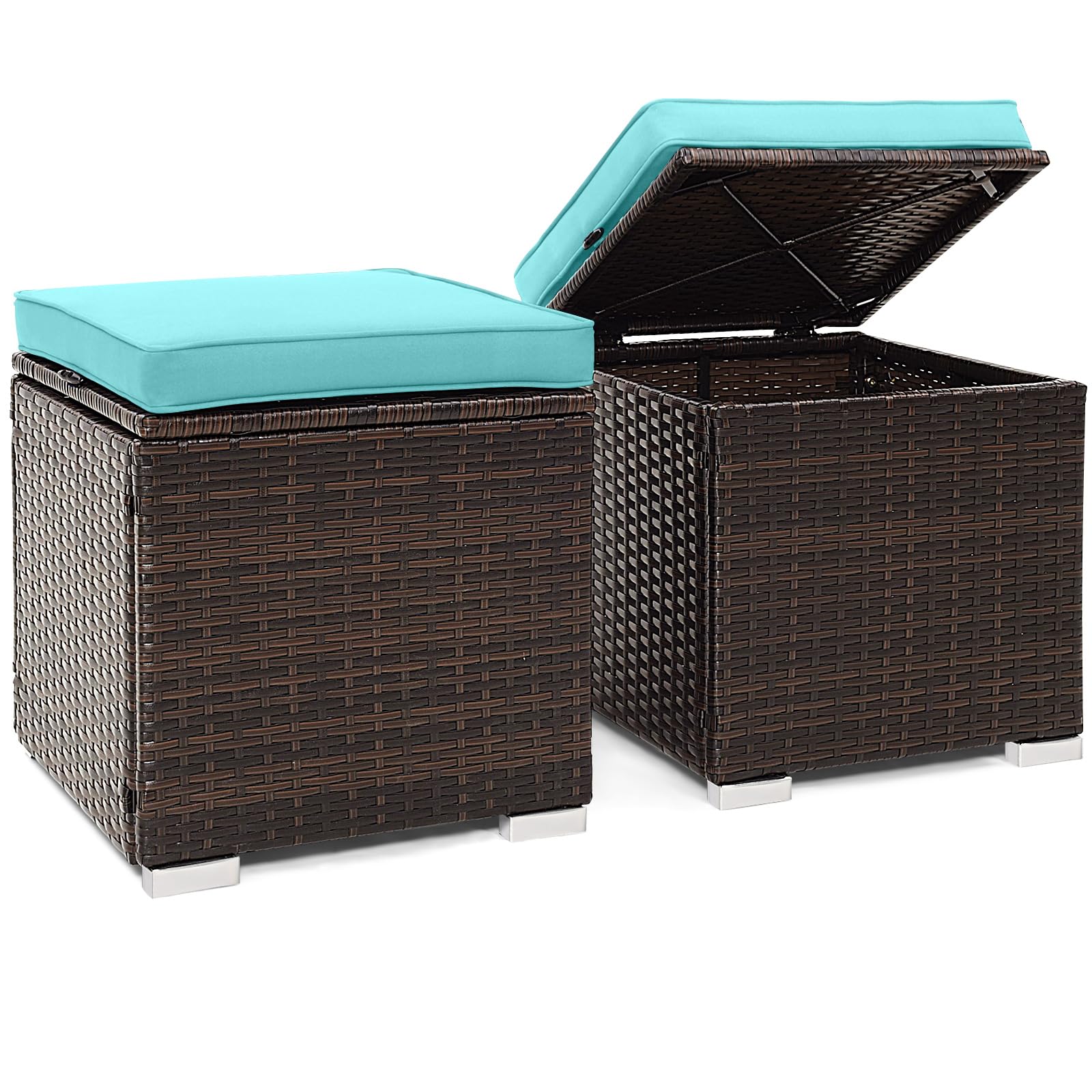 Tangkula 2-Piece PE Rattan Patio Ottoman Set with Removable Cushion & Hidden Storage - Multifunctional Side Table/Seat for Outdoor Living, Backyard, Poolside & Garden (Turquoise) - Perfect for Relaxation, Entertaining & Stylish Storage Solutions