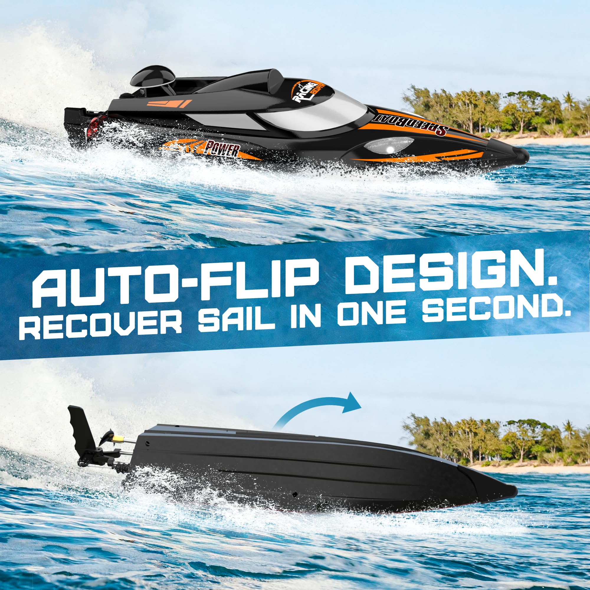 BEZGAR 18 Inch Large Remote Control Boat for Adults & Kids - 35KMH High Speed RC Boat for Lakes & Oceans - 1500mAh Rechargeable Battery - Durable TX125 Black RC Boat - Perfect Gift for Boys & Outdoor Water Play